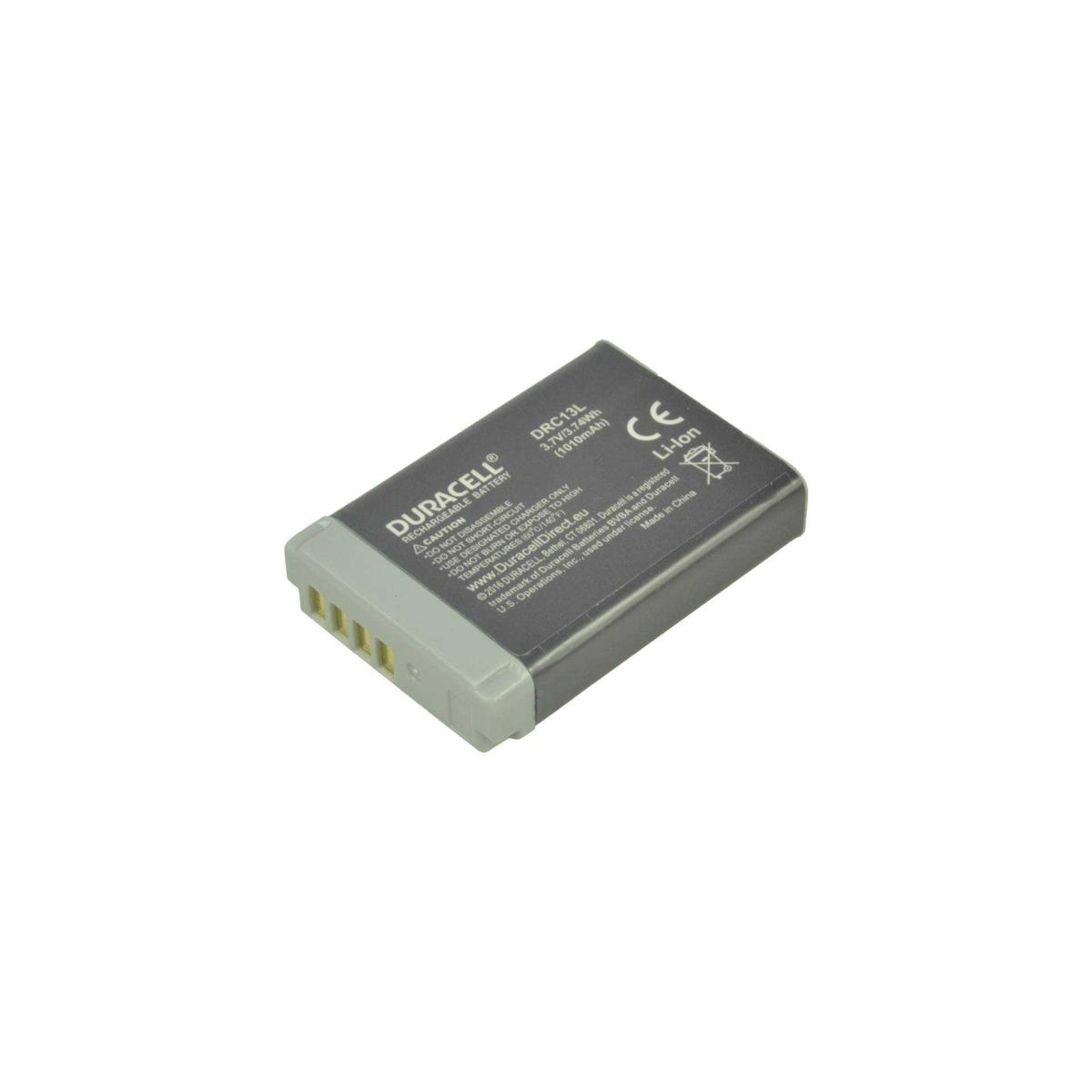 Duracell camera battery on a white surface, with specs and a CE logo.