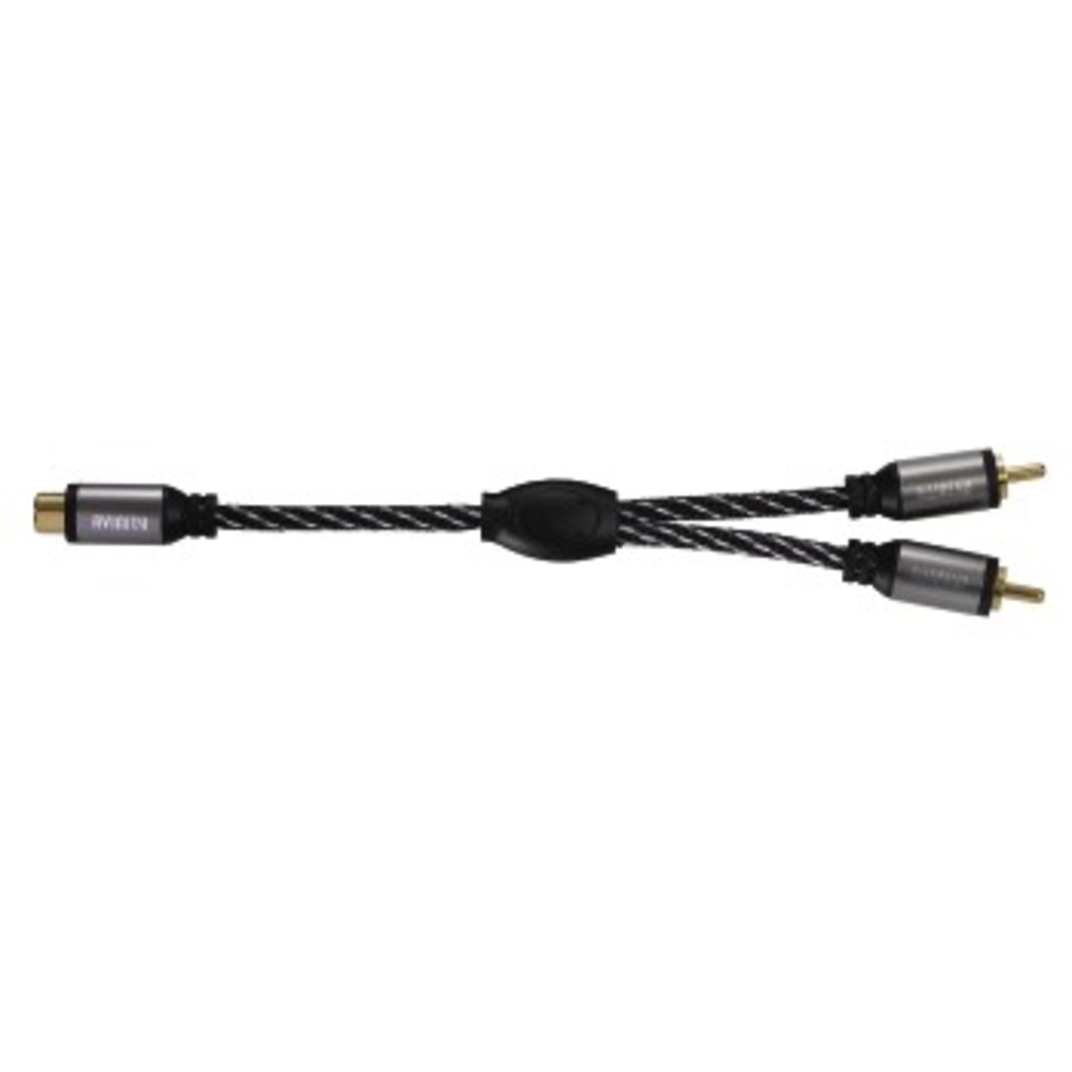 A Y-shaped audio cable with black and silver ends.