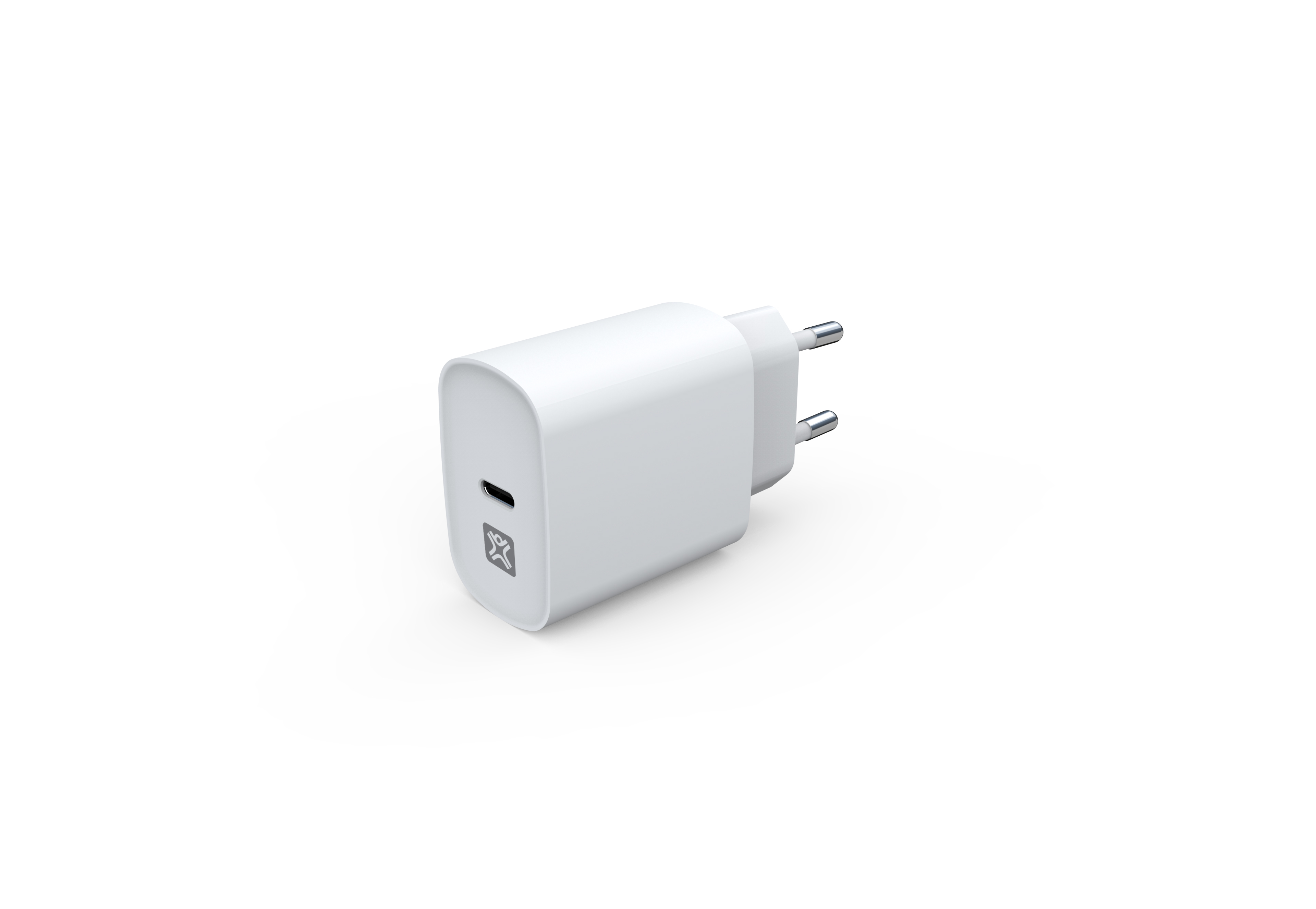 Un caricatore per telefono bianco con porta USB-C. Ha una spina per una presa europea.