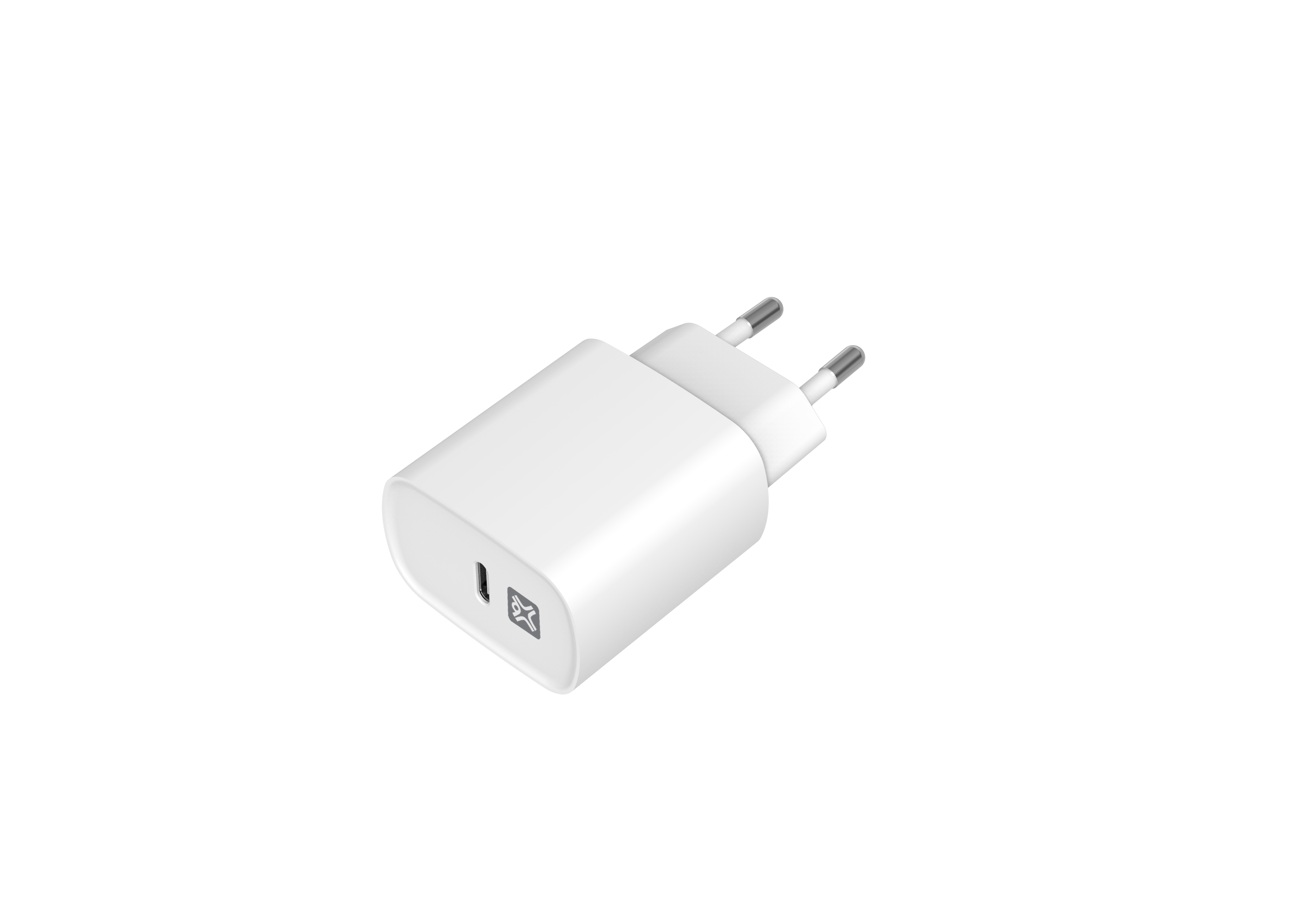 Caricabatterie per telefono bianco. Forma rettangolare con porta USB-C, isolato su sfondo bianco.