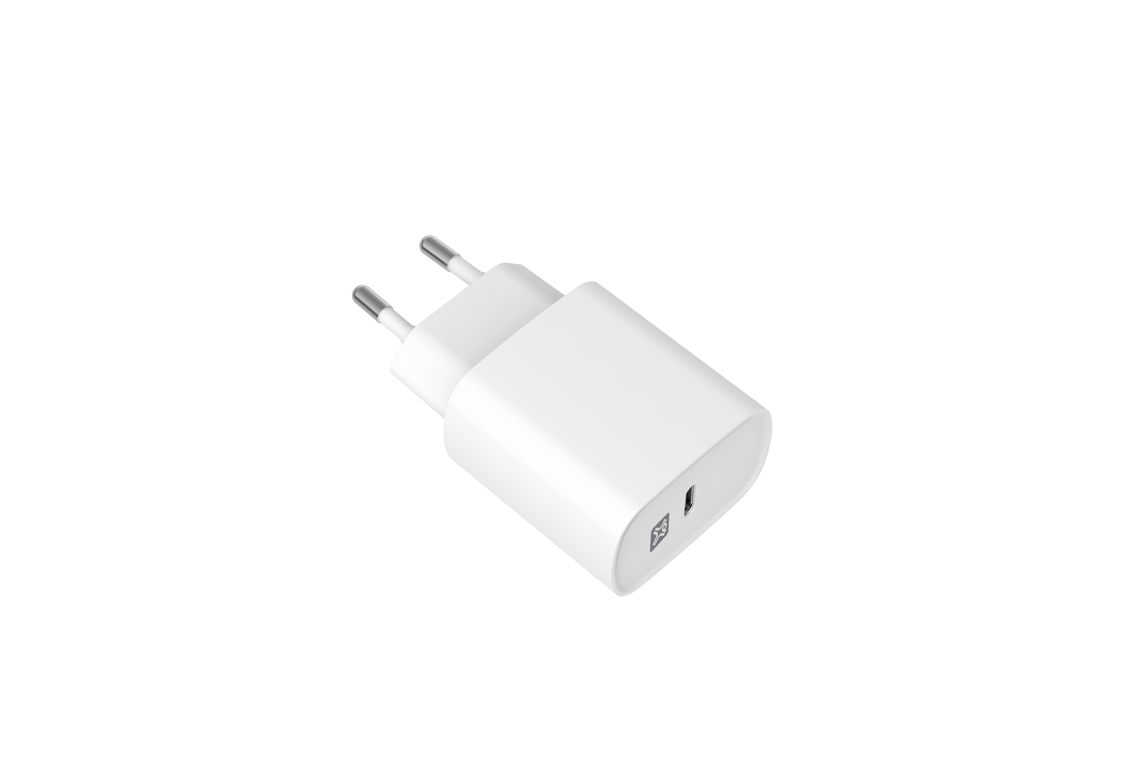 Caricabatterie bianco per telefono con due spine metalliche. Ha una porta USB ed è su sfondo bianco.