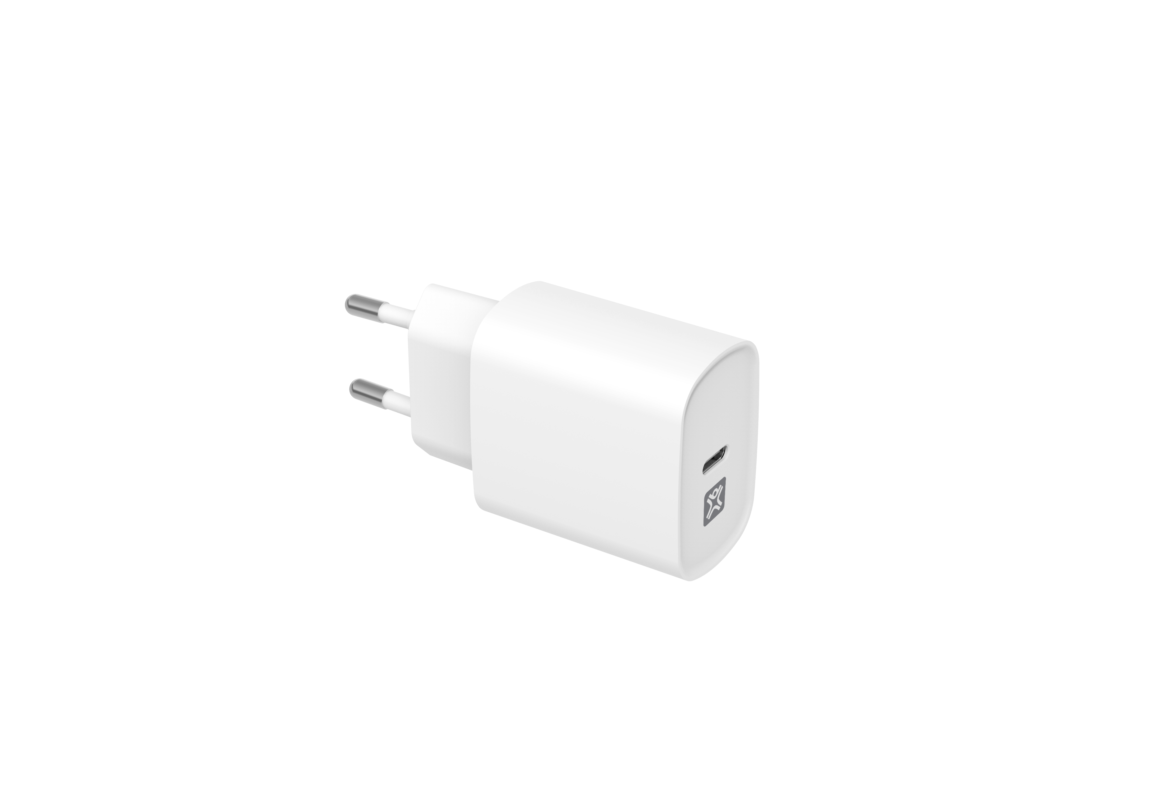 Un caricatore bianco con due pin metallici e una porta USB-C. Su sfondo bianco.