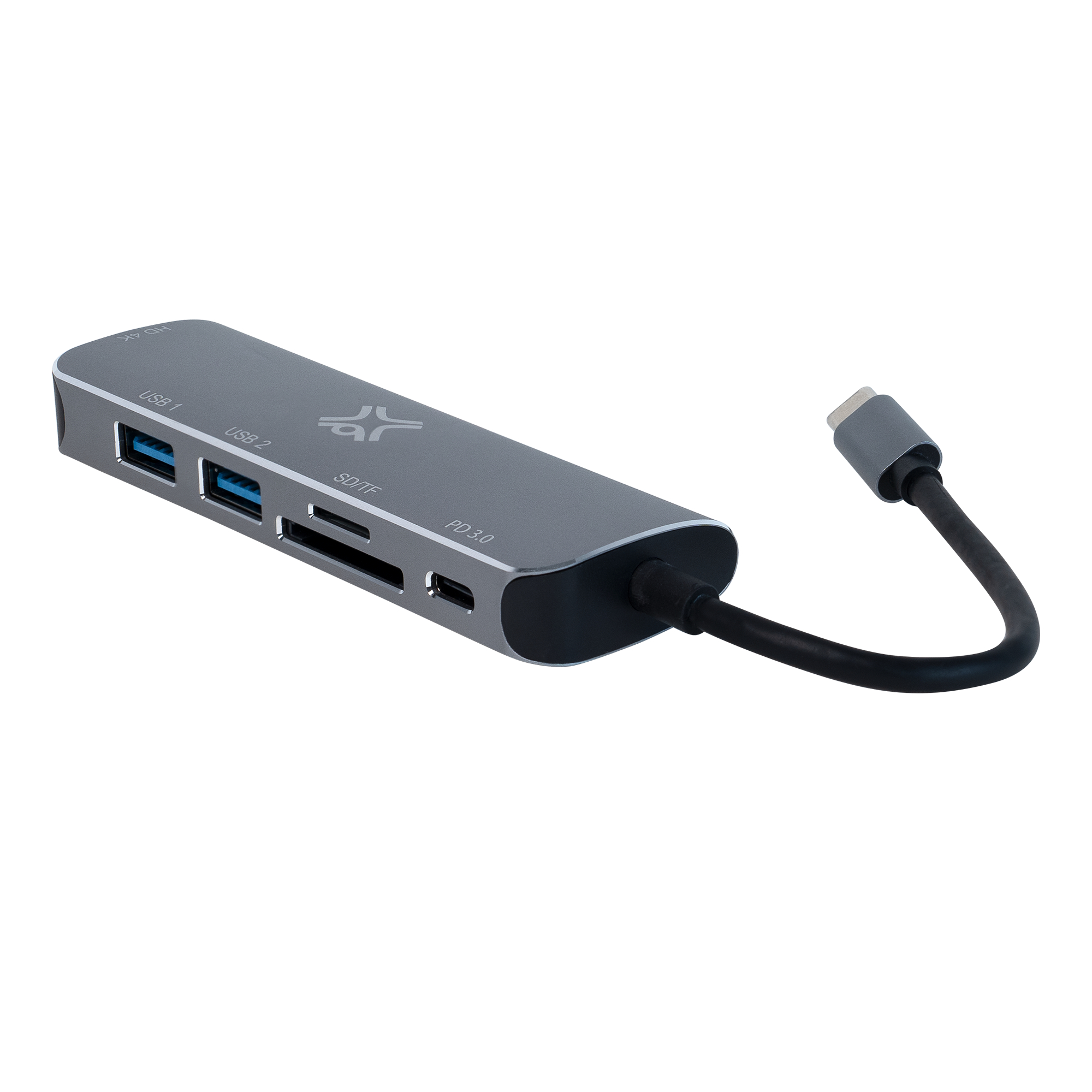 Grijze USB-C hub met meerdere poorten, met een zwarte kabel naar rechts.