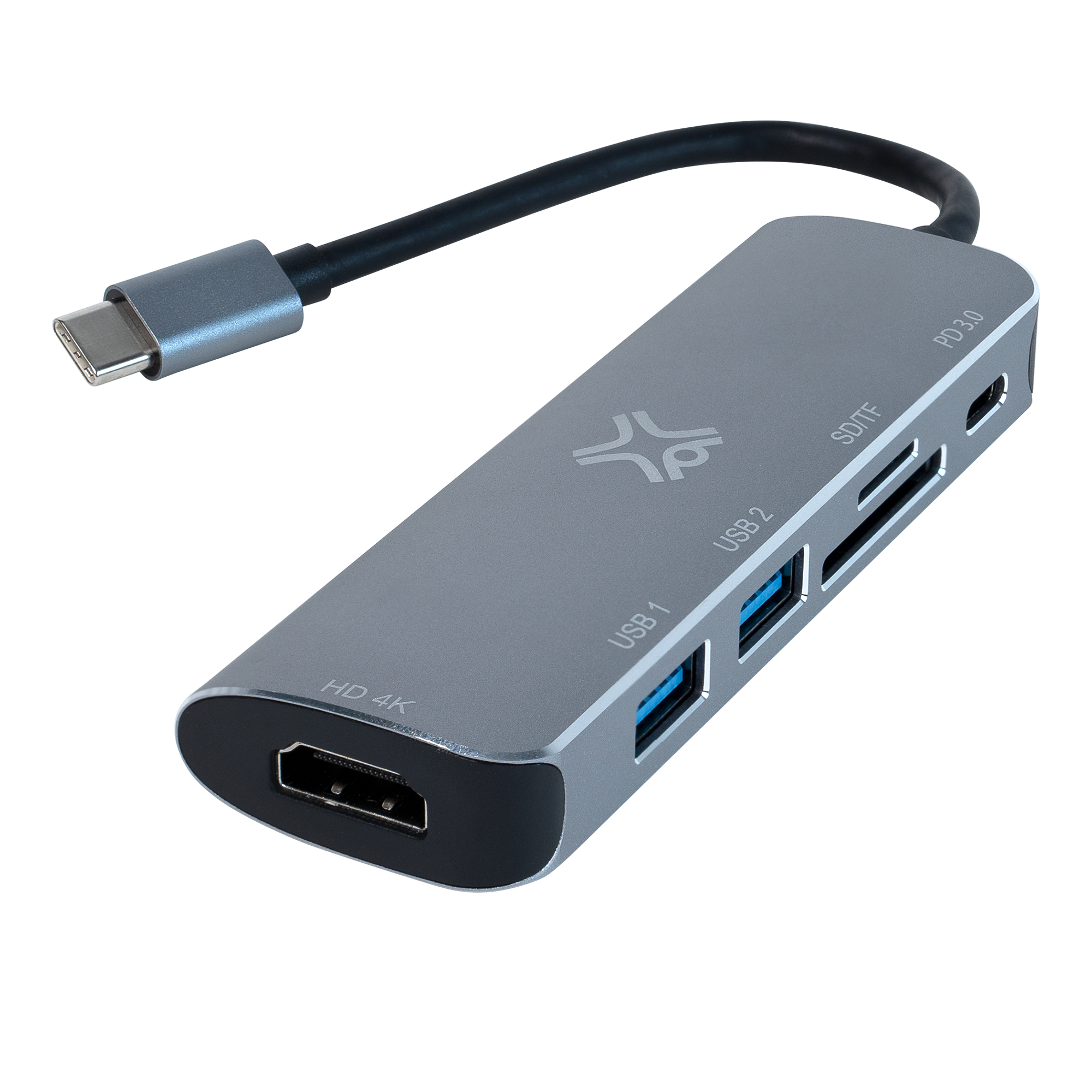 Grijze USB-C hub met meerdere poorten. Zwarte kabel. USB, SD, HDMI, PD 3.0 poorten.
