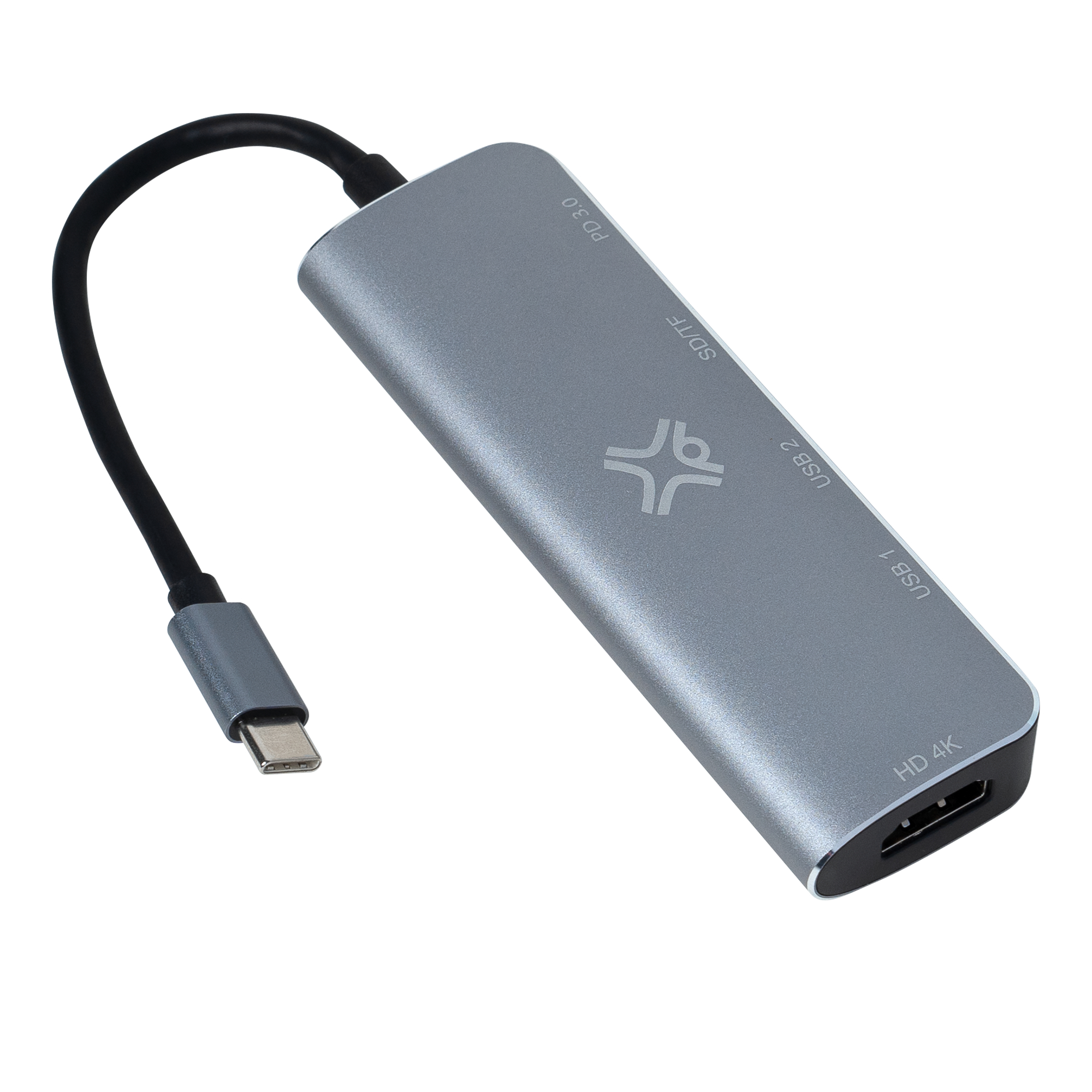 Zilveren hub met meerdere poorten en een zwarte kabel.