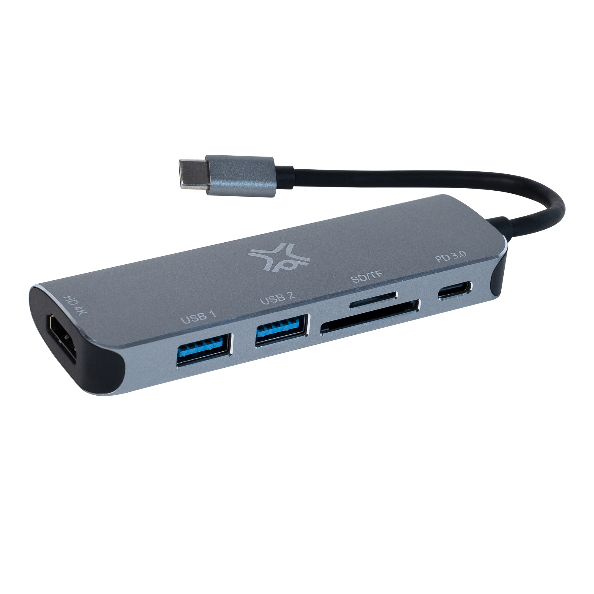 Grijze USB-hub met poorten en een kabel. Witte achtergrond.