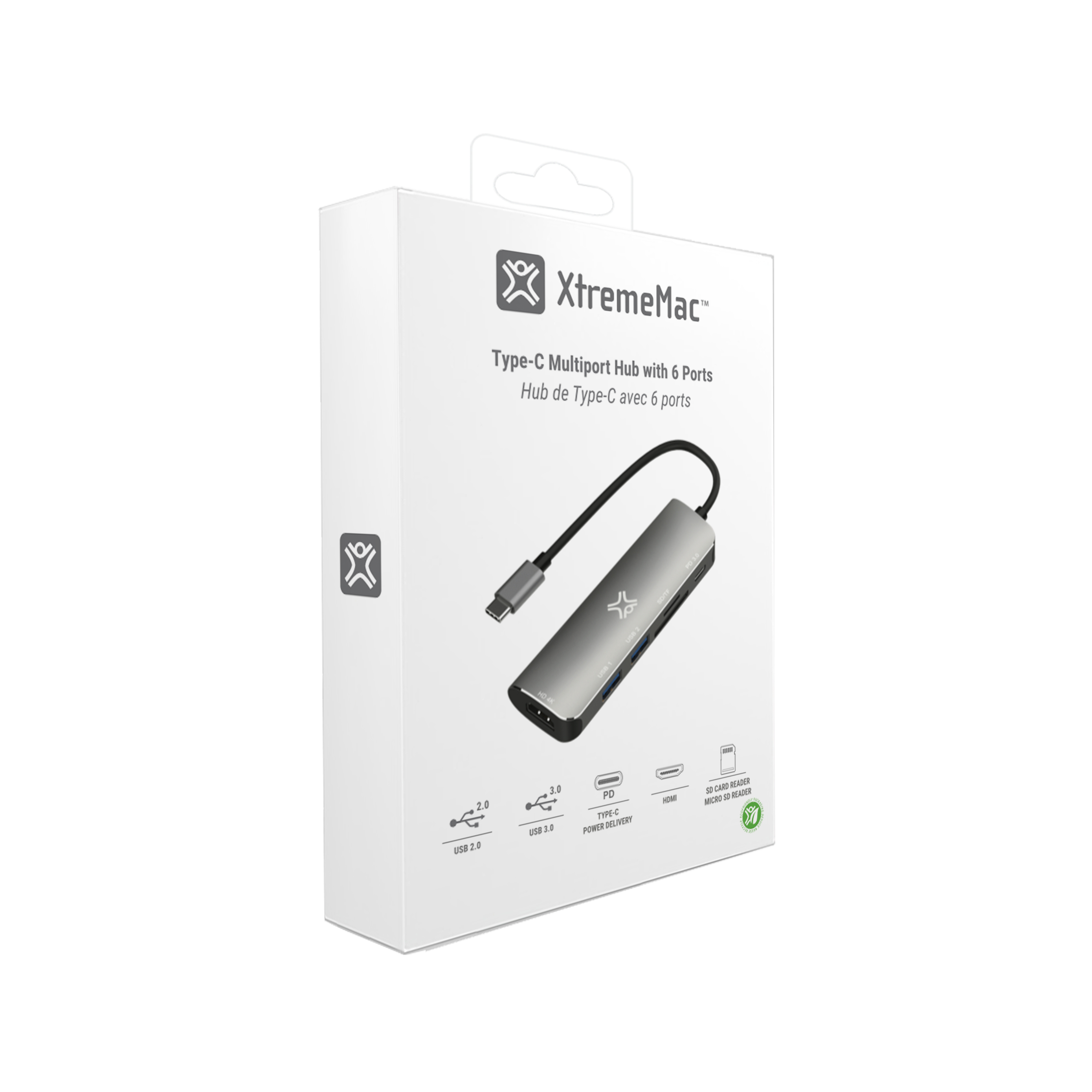 Witte doos, XtremeMac multiport hub verpakking. Hub zichtbaar met kabel, pictogrammen op doos.