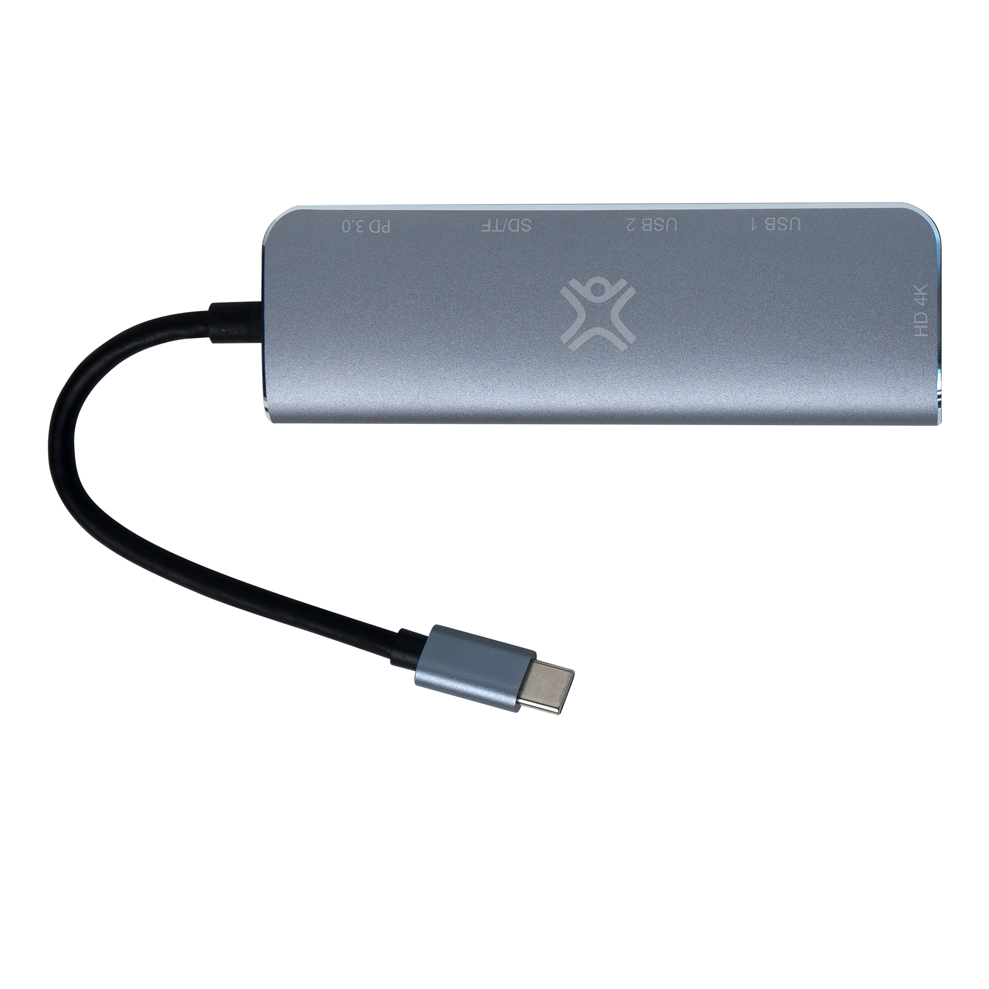 Zilveren hub met meerdere poorten, verbonden met een zwarte kabel en een zilveren connector.