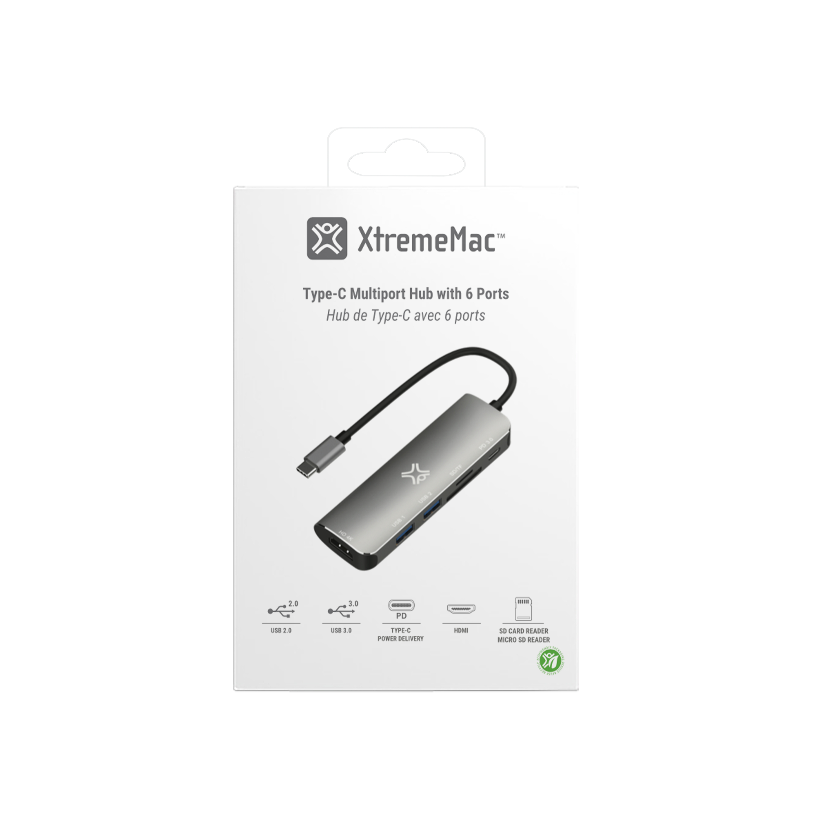 Een witte doos met een multiport hub wordt weergegeven. De productnaam is zichtbaar.