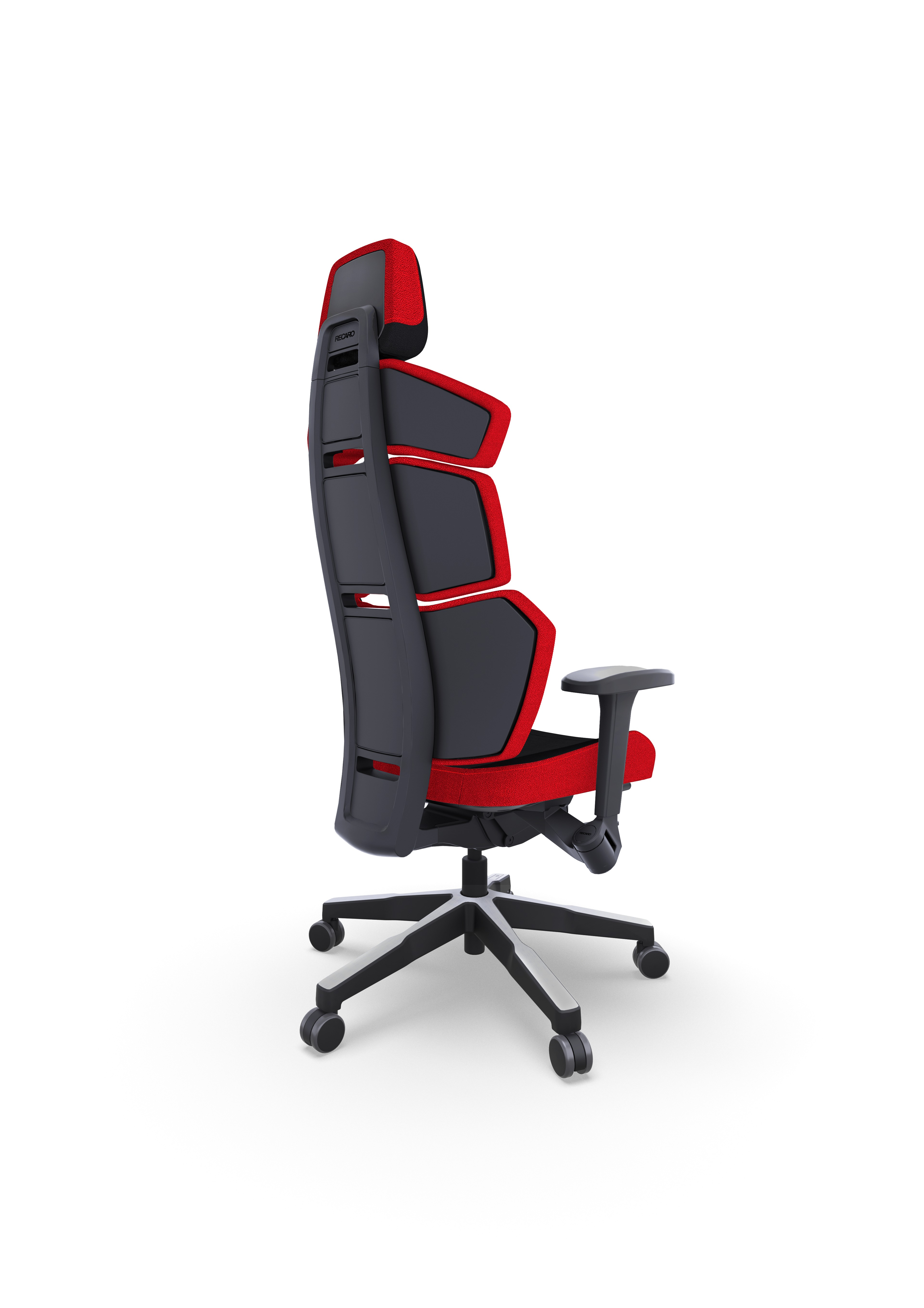 Ergonomische bureaustoel; zwart en rood ontwerp. Stoel op wielen en witte achtergrond.