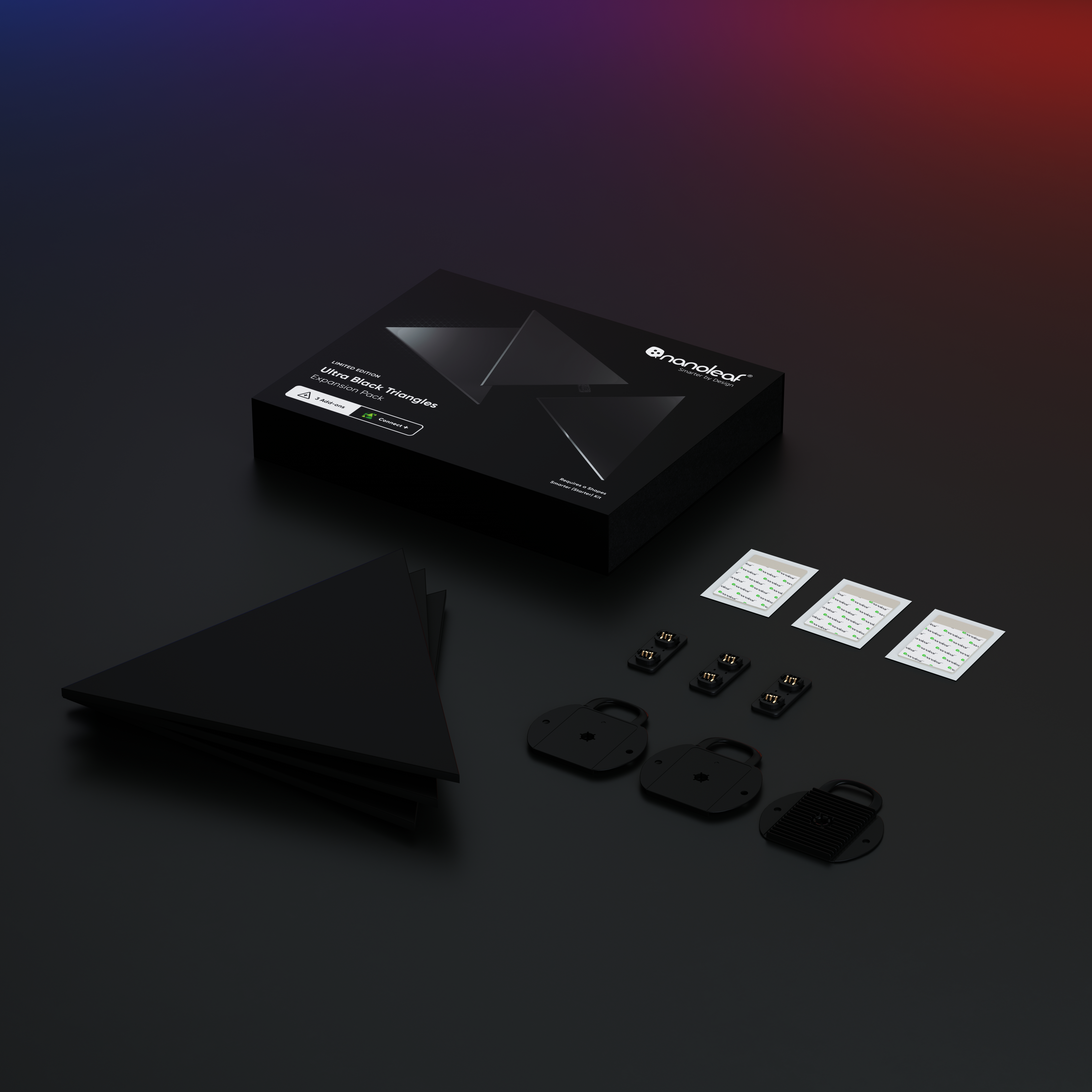 Siyah üçgenler, aksesuarlar ve koyu gradyan bir arka plan üzerinde bir Nanoleaf logosu içeren siyah bir kutu.