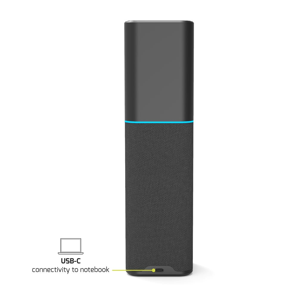 Altoparlante nero con luce blu e USB-C, con testo 'connettività USB-C'.