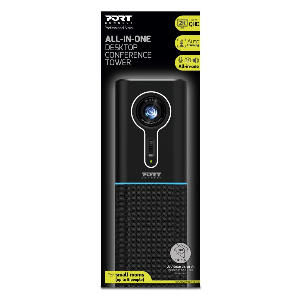 Torre per conferenze all-in-one nera con fotocamera e altoparlante. Imballaggio visibile.
