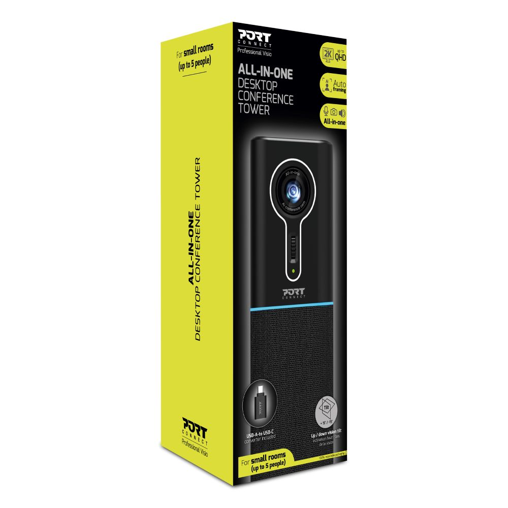 Torre per conferenze desktop nera con logo e porta USB-C. Scatola gialla e nera con testo.
