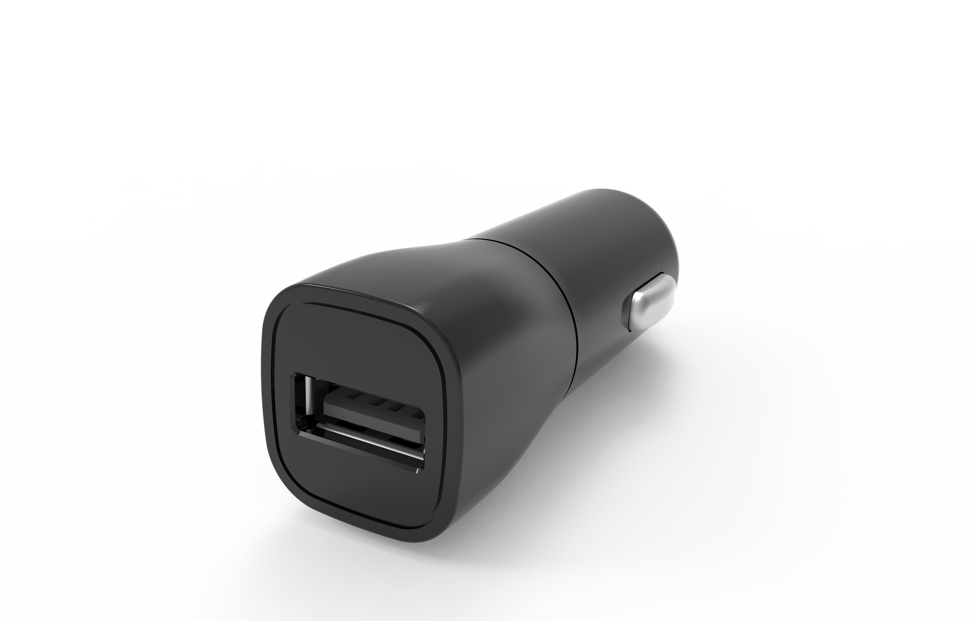 Zwarte autolader met USB-poort, op een witte achtergrond.