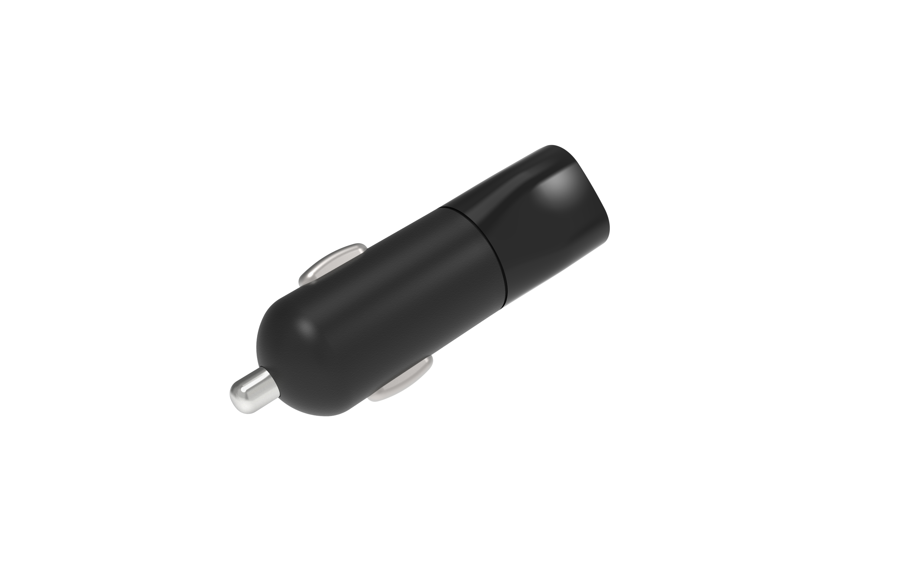 Een zwarte autolader met zilverkleurige metalen accenten. Op een witte achtergrond.