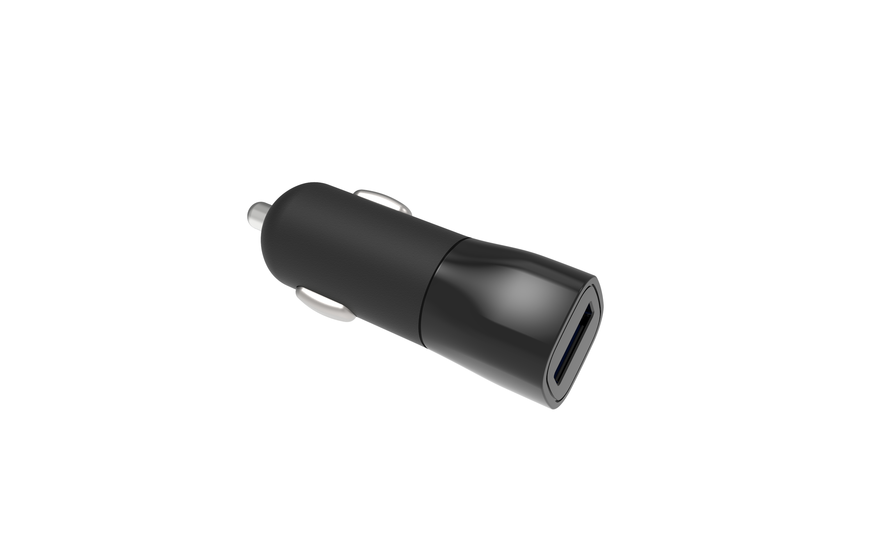 Zwarte autolader met een USB-poort. Witte achtergrond.