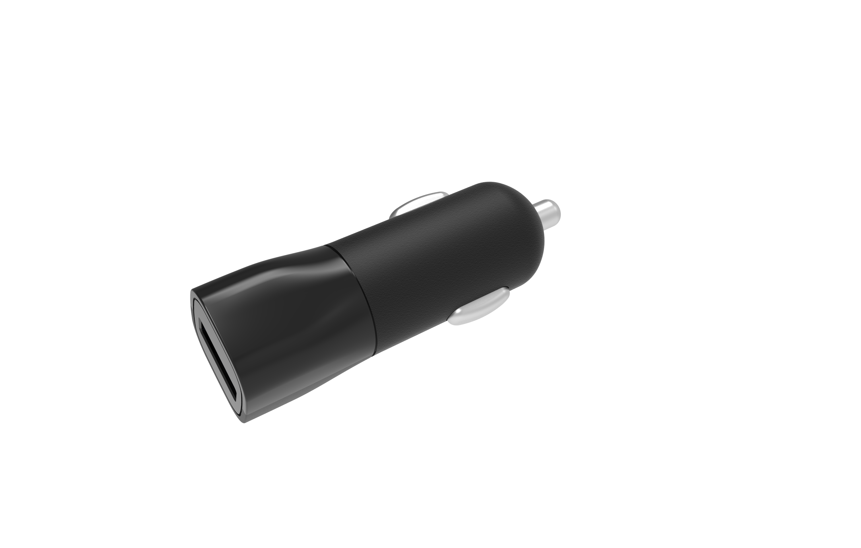 Een zwarte autolader met een USB-poort op een witte achtergrond.
