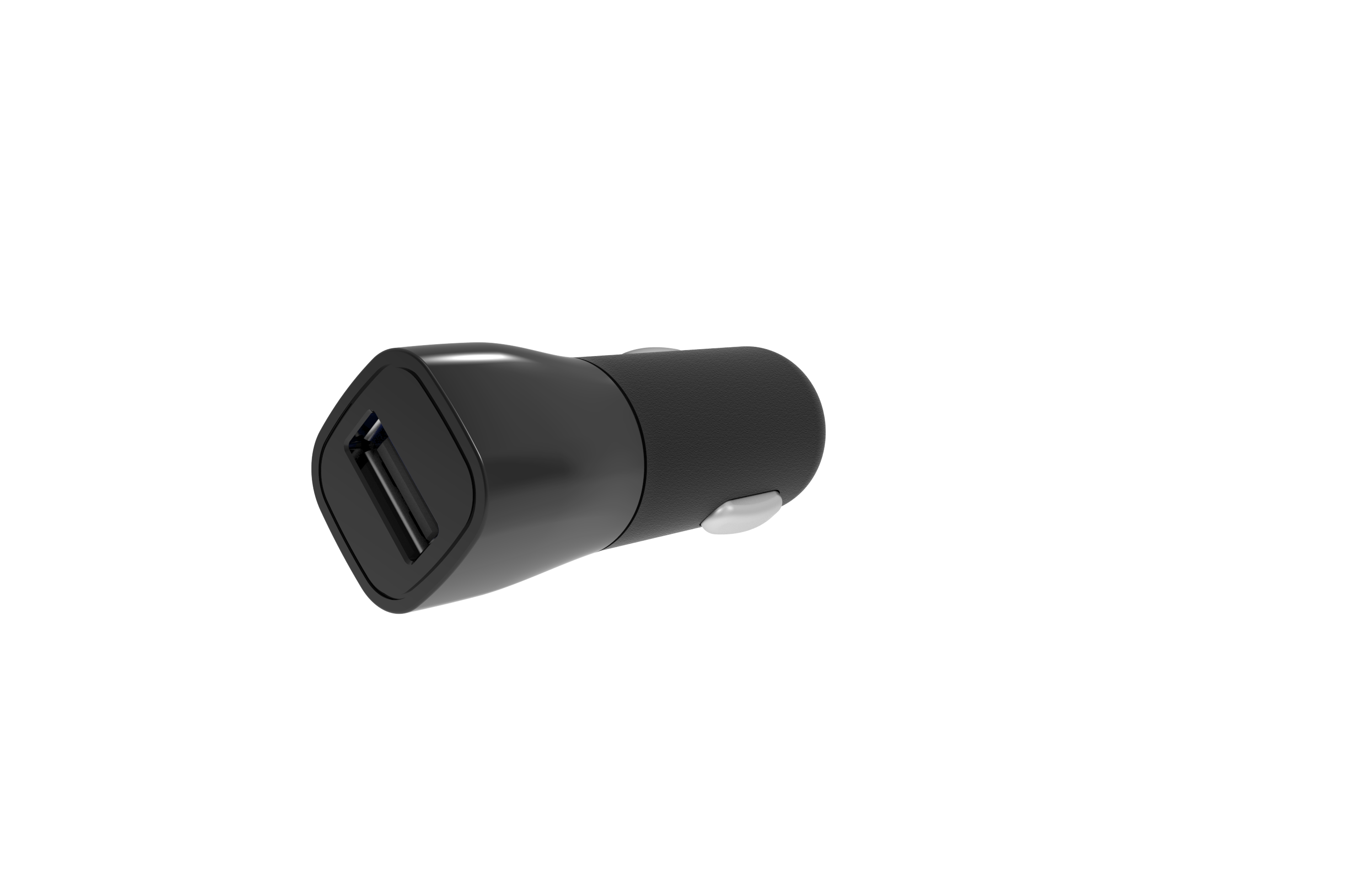 Een zwarte USB auto-oplader met een USB-poort, tegen een witte achtergrond.