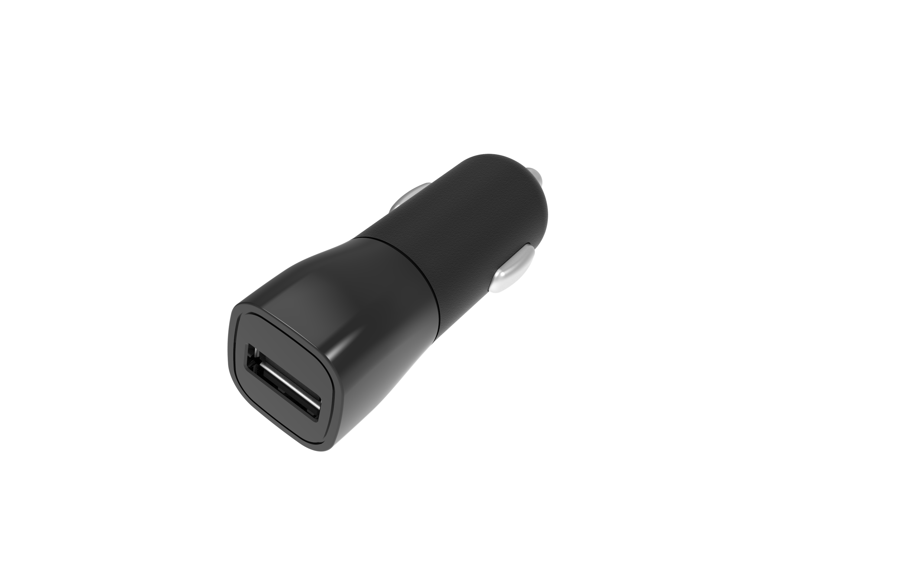 Een zwarte USB-autolader. Het heeft een USB-poort en een zilveren ring.
