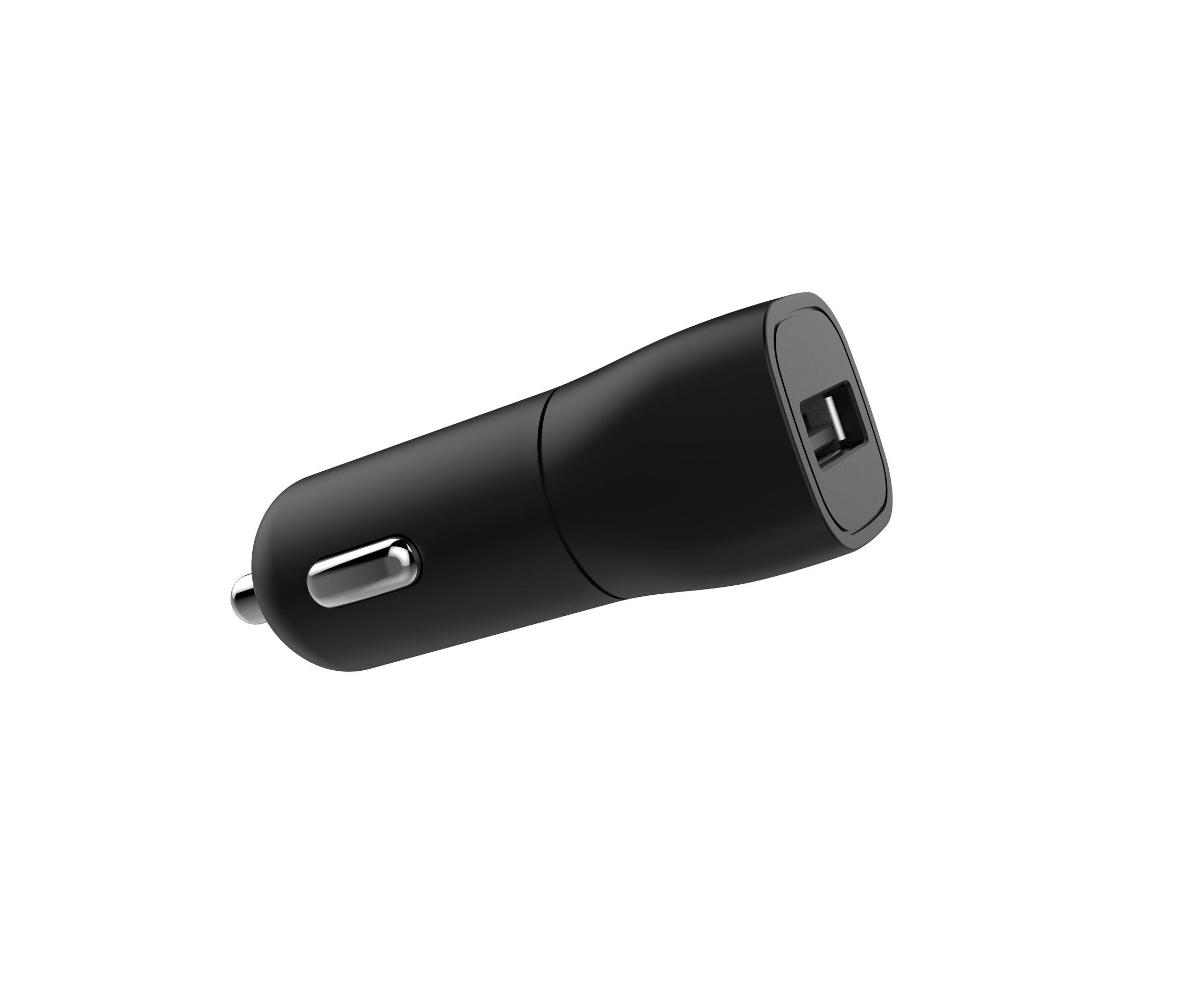 Zwarte autolader met USB-poort, schuin op witte achtergrond.