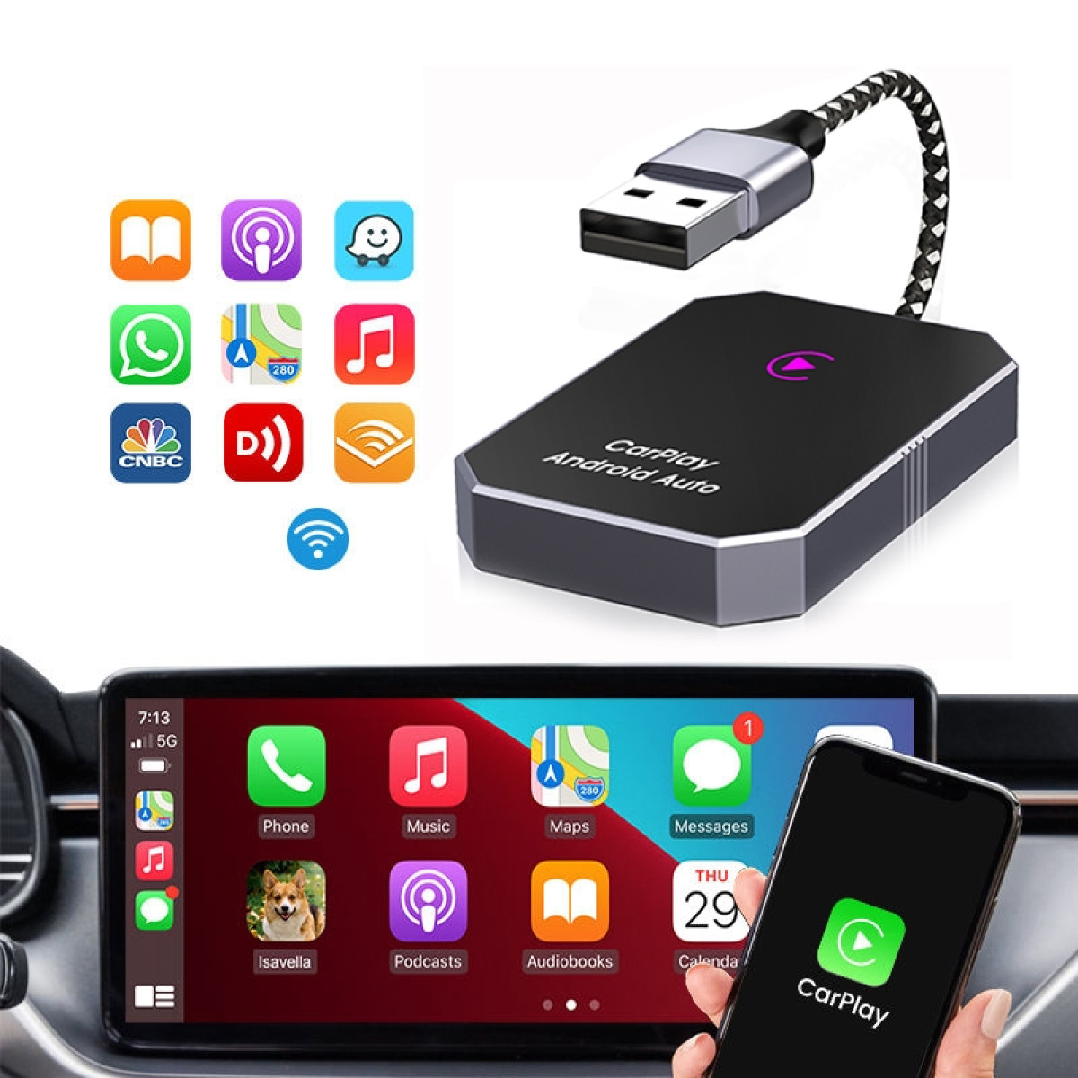 CarPlay-Gerät mit App-Symbolen und Telefon mit Karte und CarPlay-Symbol.