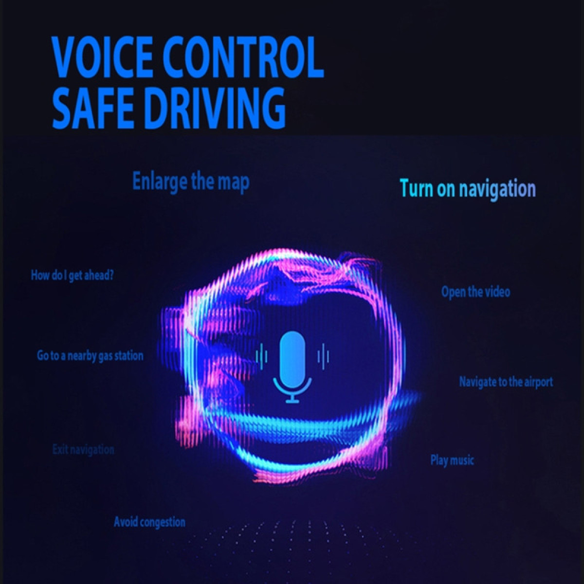Illustration mit Text, Sprachsteuerung, sicheres Fahren und App-Icons.