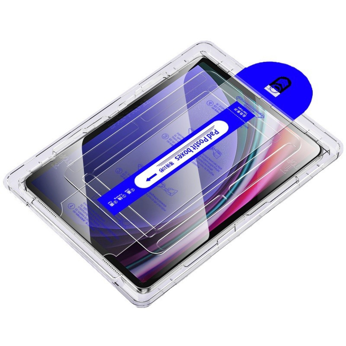 Kit protezione schermo, custodia trasparente con strumento blu.