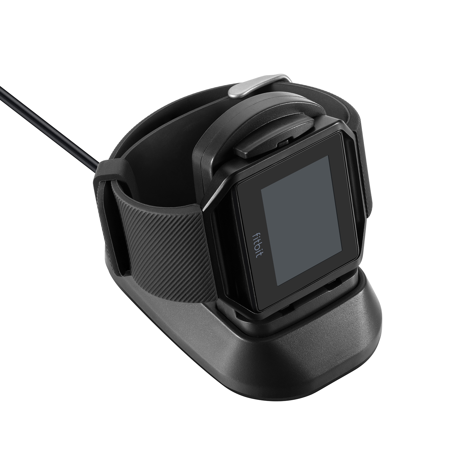 Schwarze Smartwatch auf einer Ladestation mit einem Ladekabel.