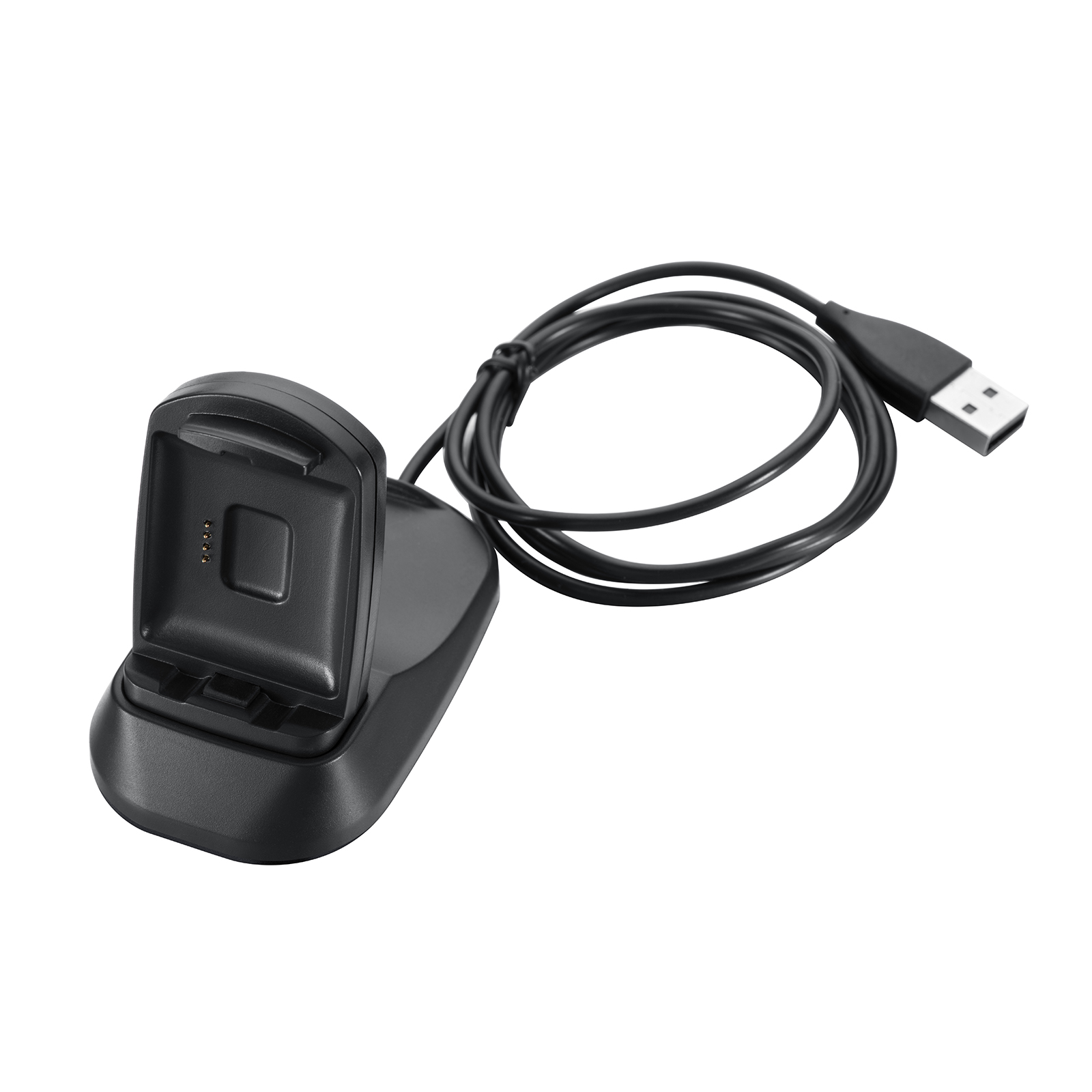 Eine schwarze Ladestation und ein schwarzes USB-Kabel. Das Ladegerät hat eine Halterung.