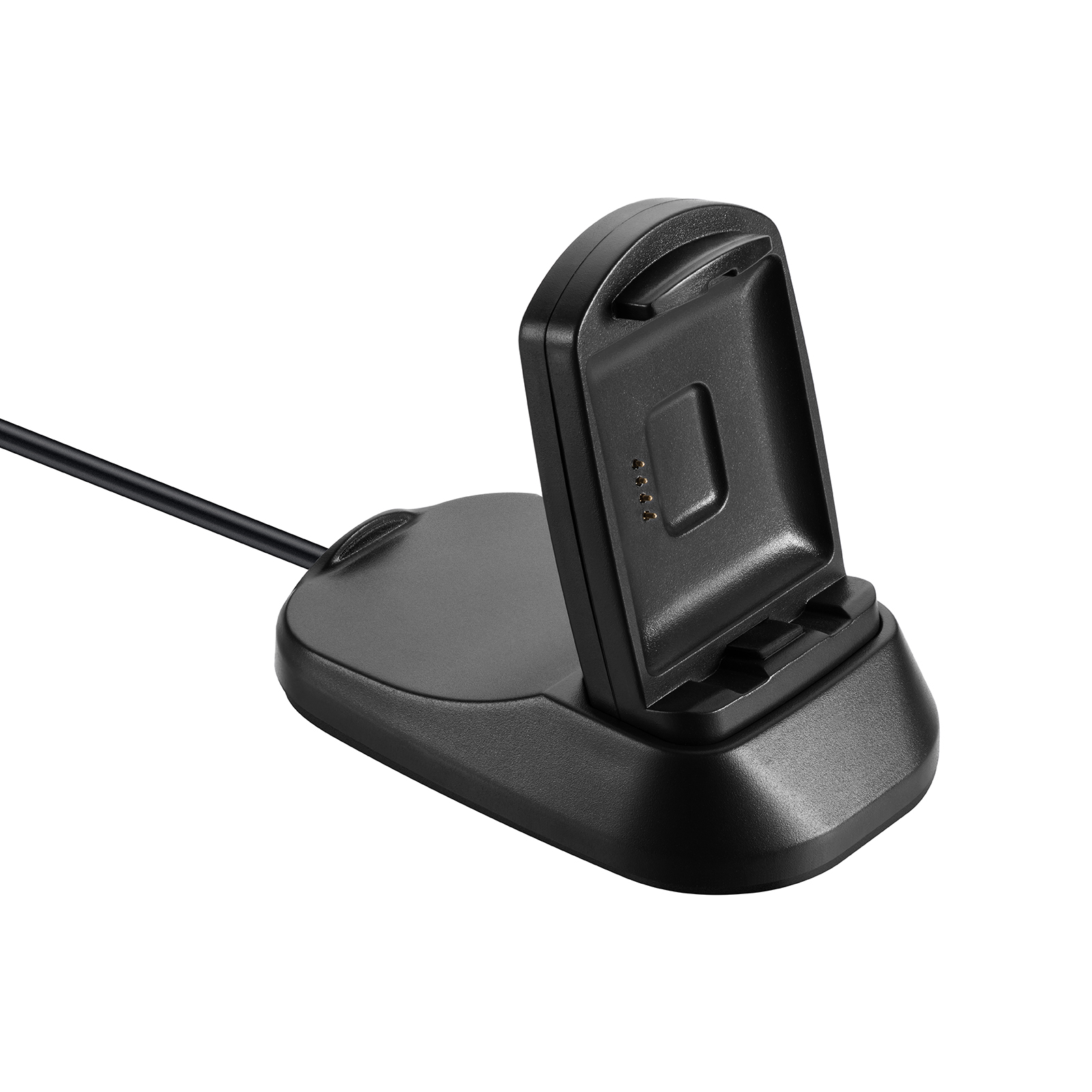 Eine schwarze Ladestation für eine Smartwatch. Sie hat eine Basis und einen aufrechten Teil zur Aufnahme der Uhr.