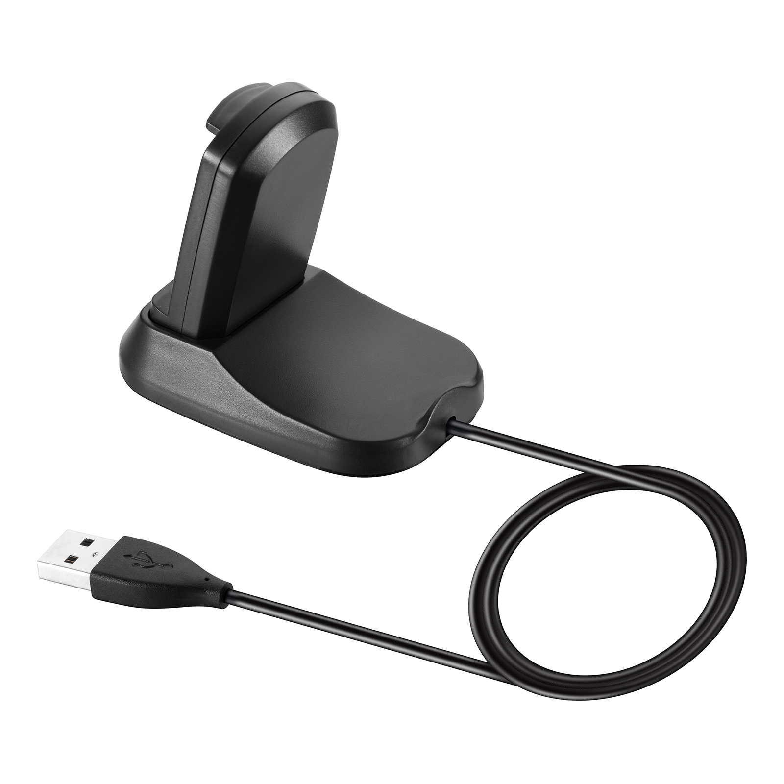 Eine schwarze Ladestation mit angeschlossenem USB-Kabel auf weißem Hintergrund.