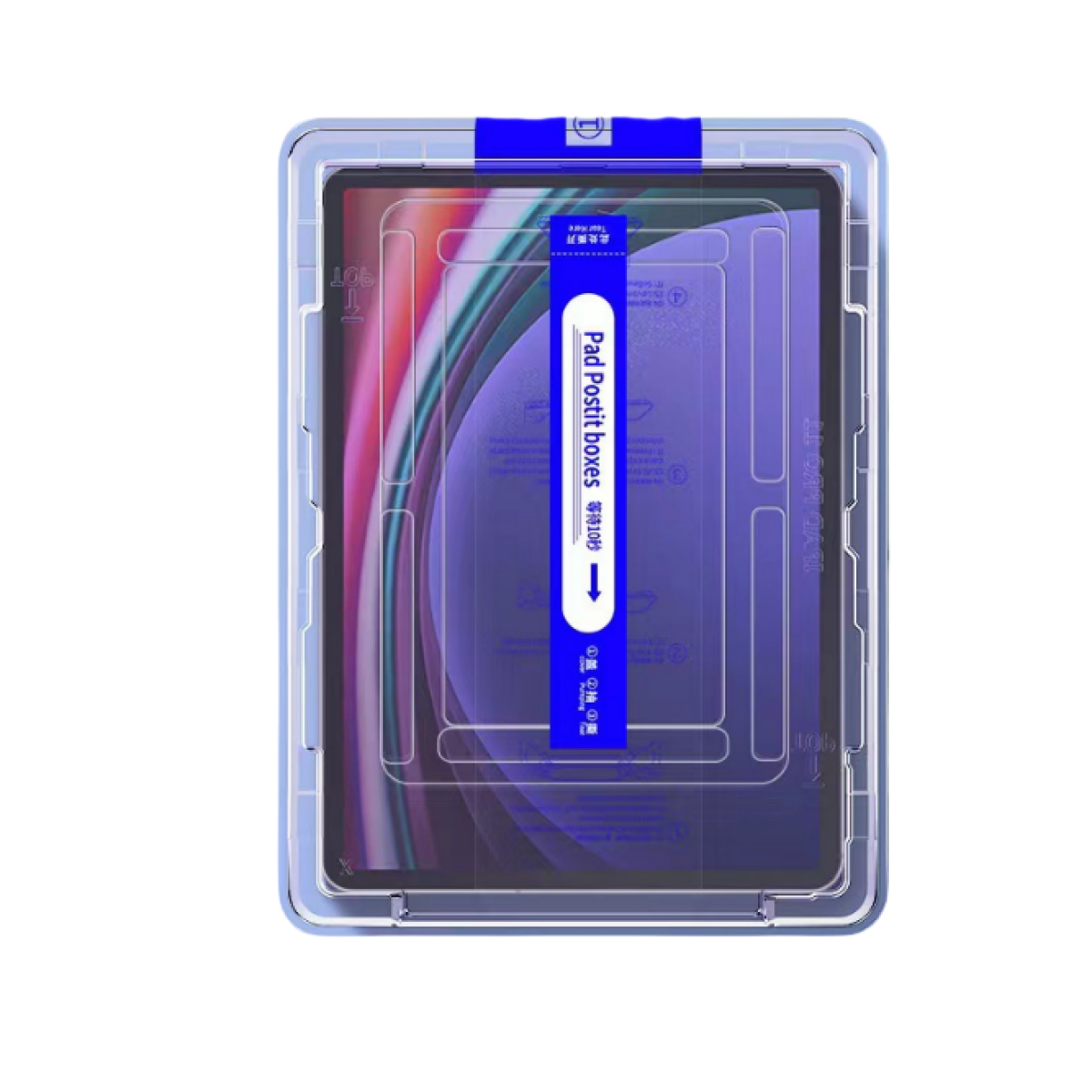 Tablet in custodia trasparente. Etichetta blu con testo. Sfondo bianco.
