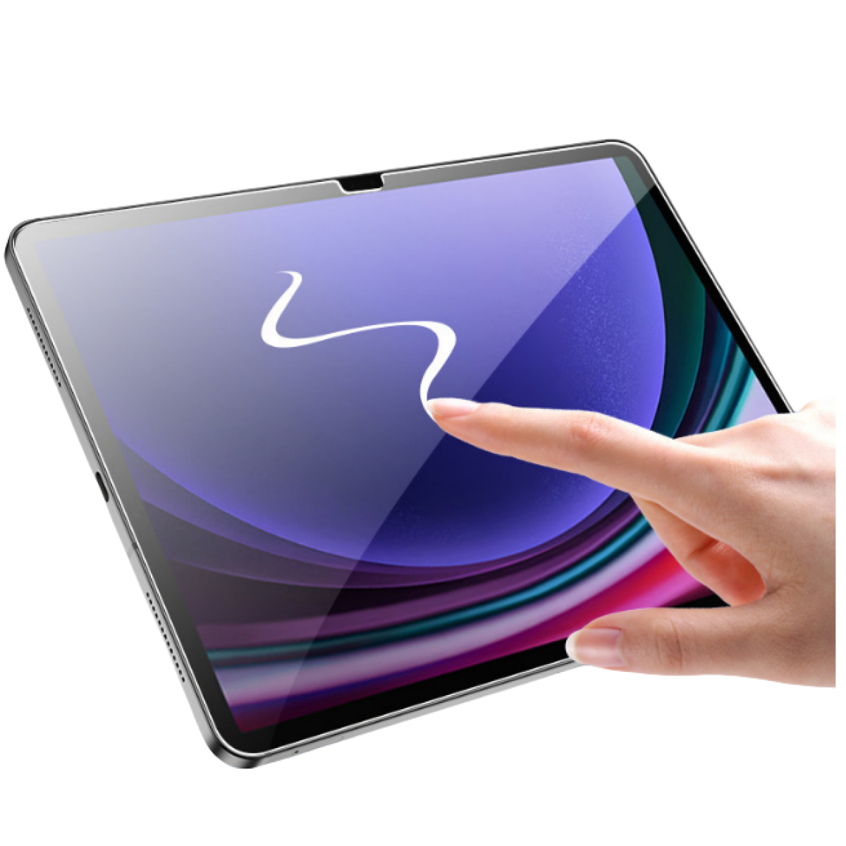 Tablet con un dito che tocca lo schermo, mostrando un display colorato.