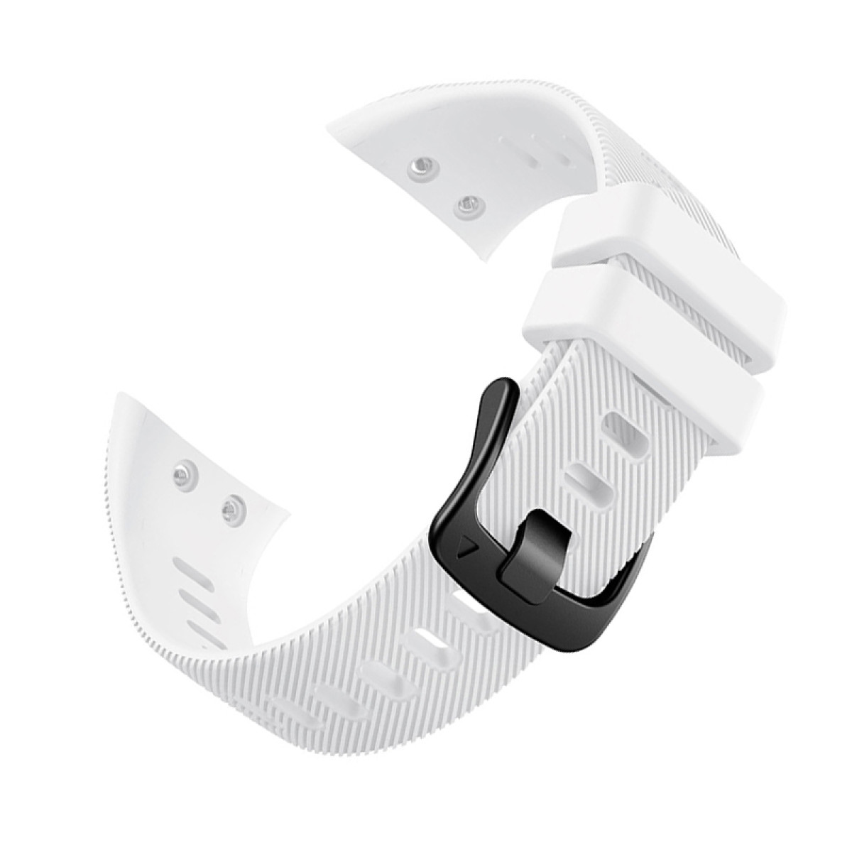 Ein weißes Smartwatch-Armband mit schwarzem Verschluss. Es ist gebogen und hat eine strukturierte Oberfläche.