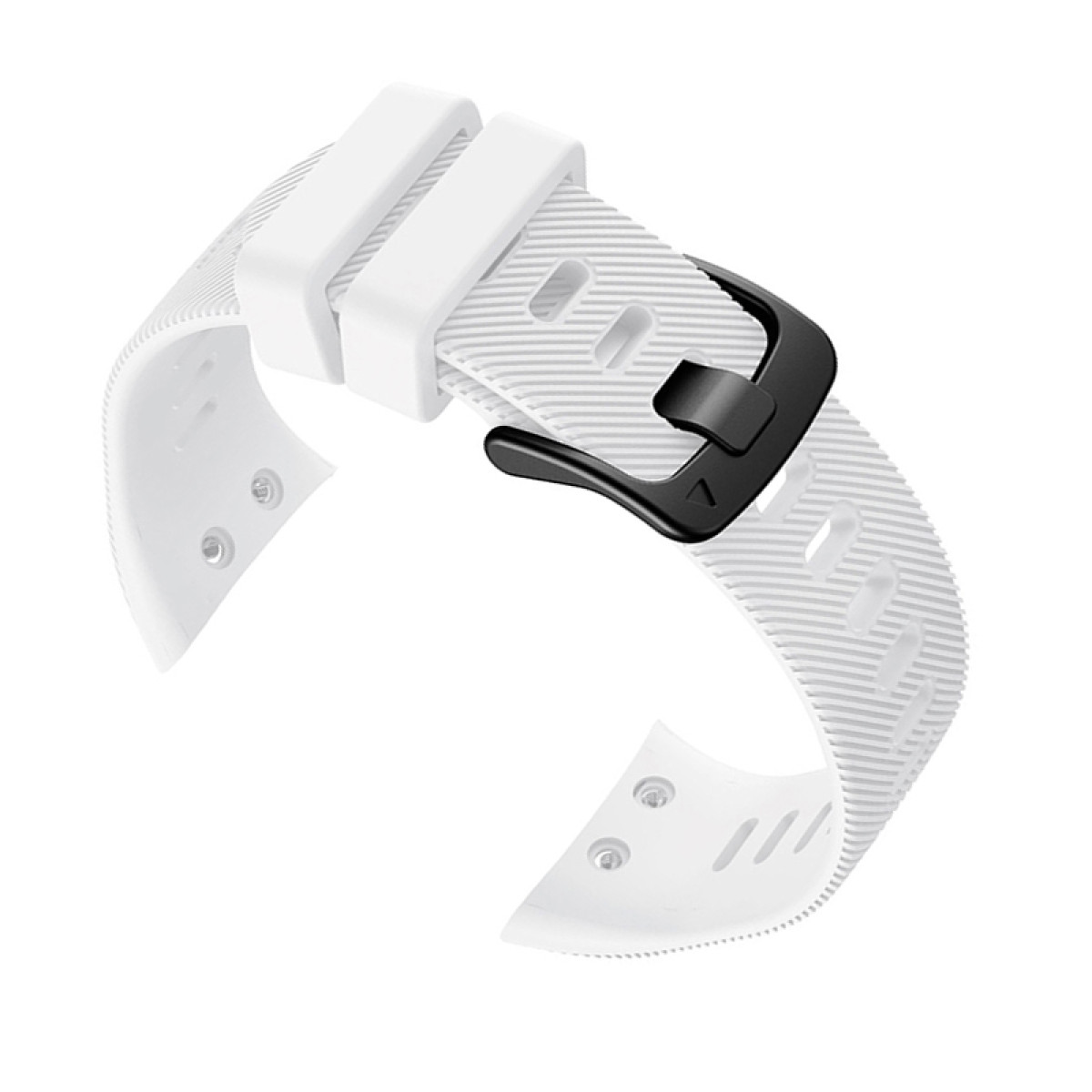 Ein weißes Uhrenarmband mit einer schwarzen Schnalle, abgewinkelt und vor weißem Hintergrund isoliert.