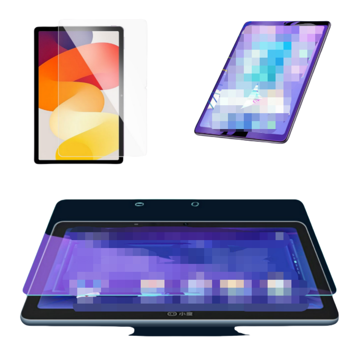 Tre immagini di un tablet con una protezione per lo schermo applicata, che mostrano diverse viste.