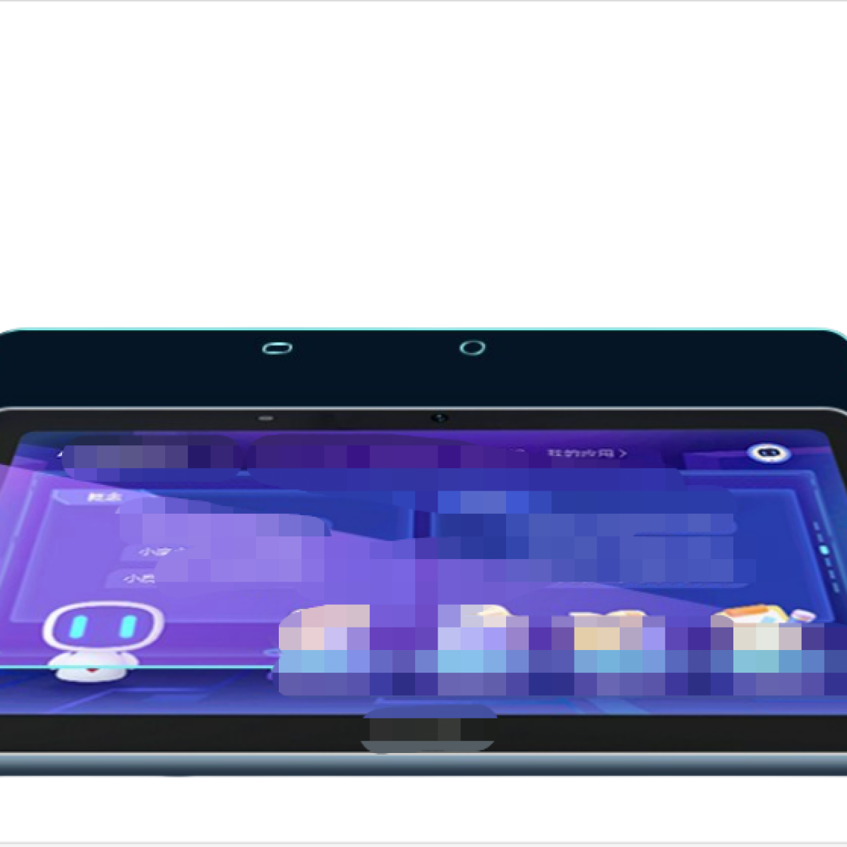 Tablet con uno schermo che mostra un'interfaccia di gioco, su sfondo bianco.