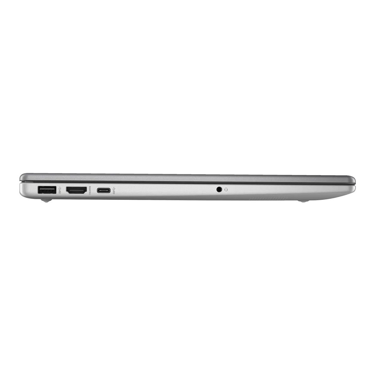 Silver laptop side view. It has ports on the left side and a headphone jack.