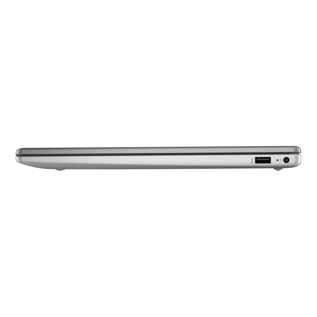 Side view of a silver laptop. Shows the side ports and a small part of the keyboard.