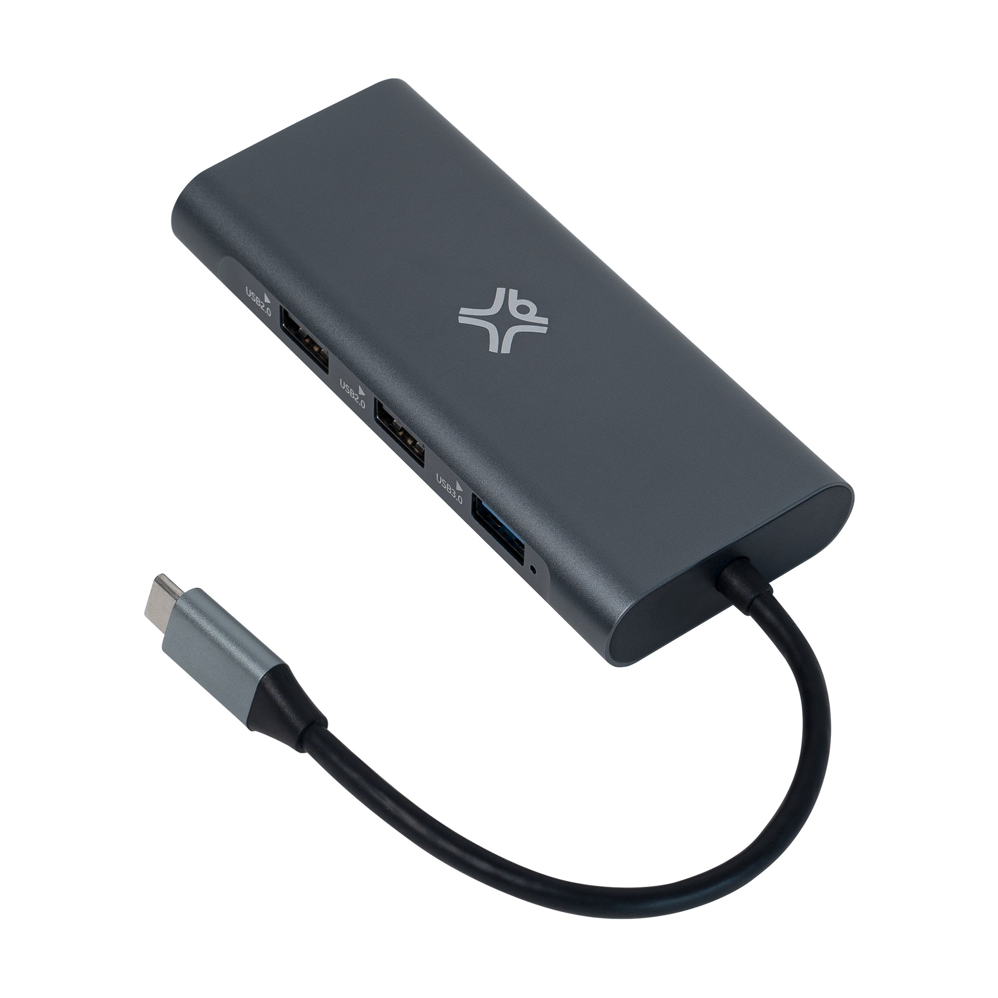 Grijze USB-C hub met meerdere poorten: USB en USB-C. Zwarte kabel. Witte achtergrond.