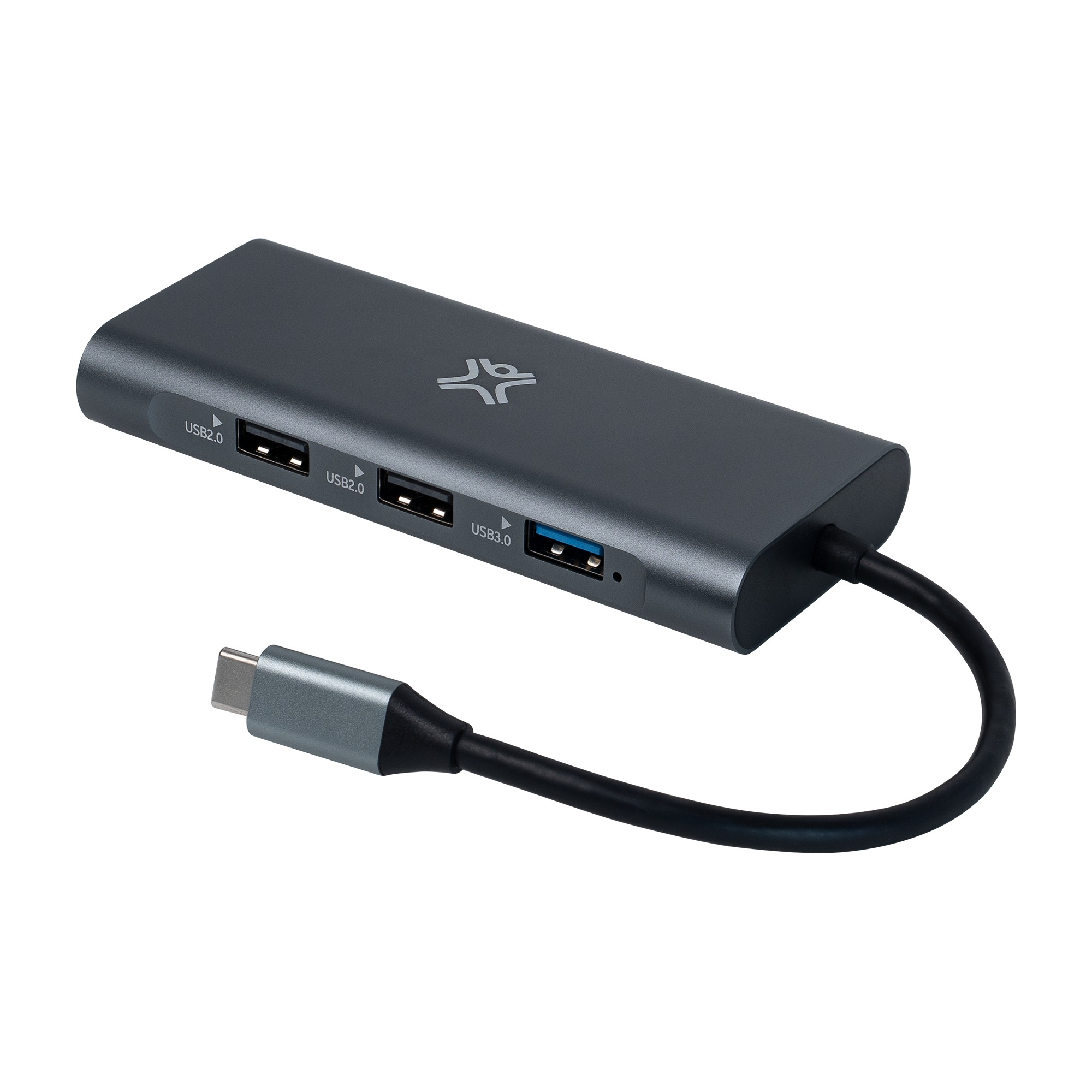 Een grijze USB-hub met meerdere poorten en een USB-C-kabel. De poorten zijn gelabeld.