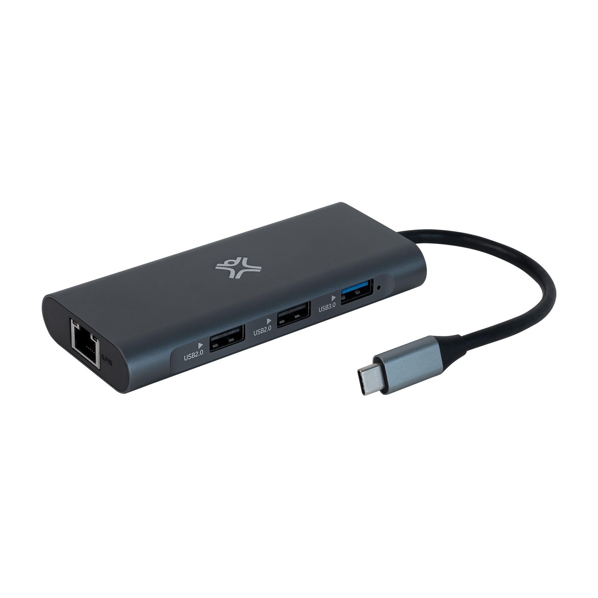 Grijze USB-hub met ethernet- en USB-poorten en een zwarte kabel.