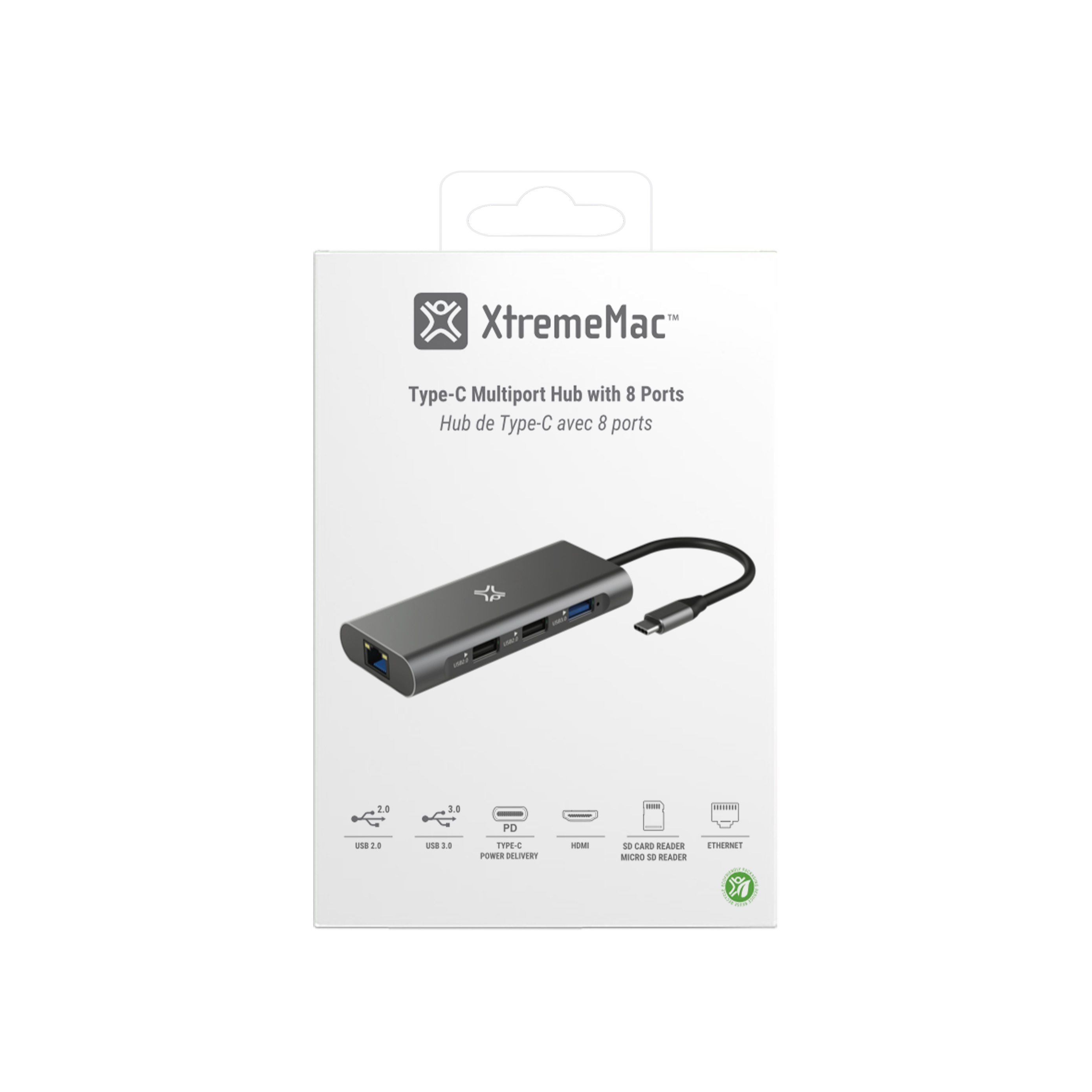 Type-C multiport hub met 8 poorten in de verpakking. Het is zwart en grijs met connectorpictogrammen.