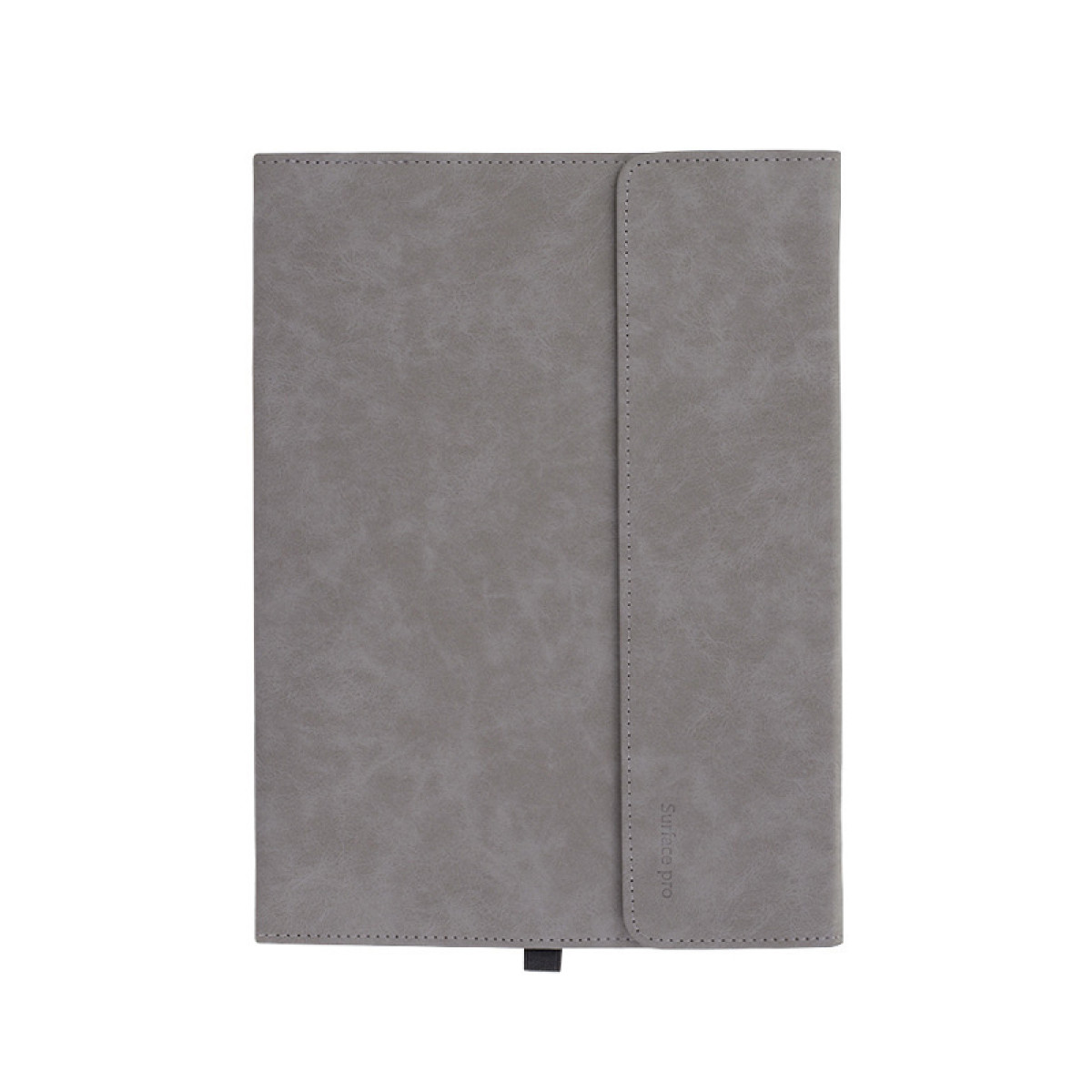 Eine geschlossene, graue Surface Pro Tablet-Hülle mit Magnetverschluss, von oben gesehen.