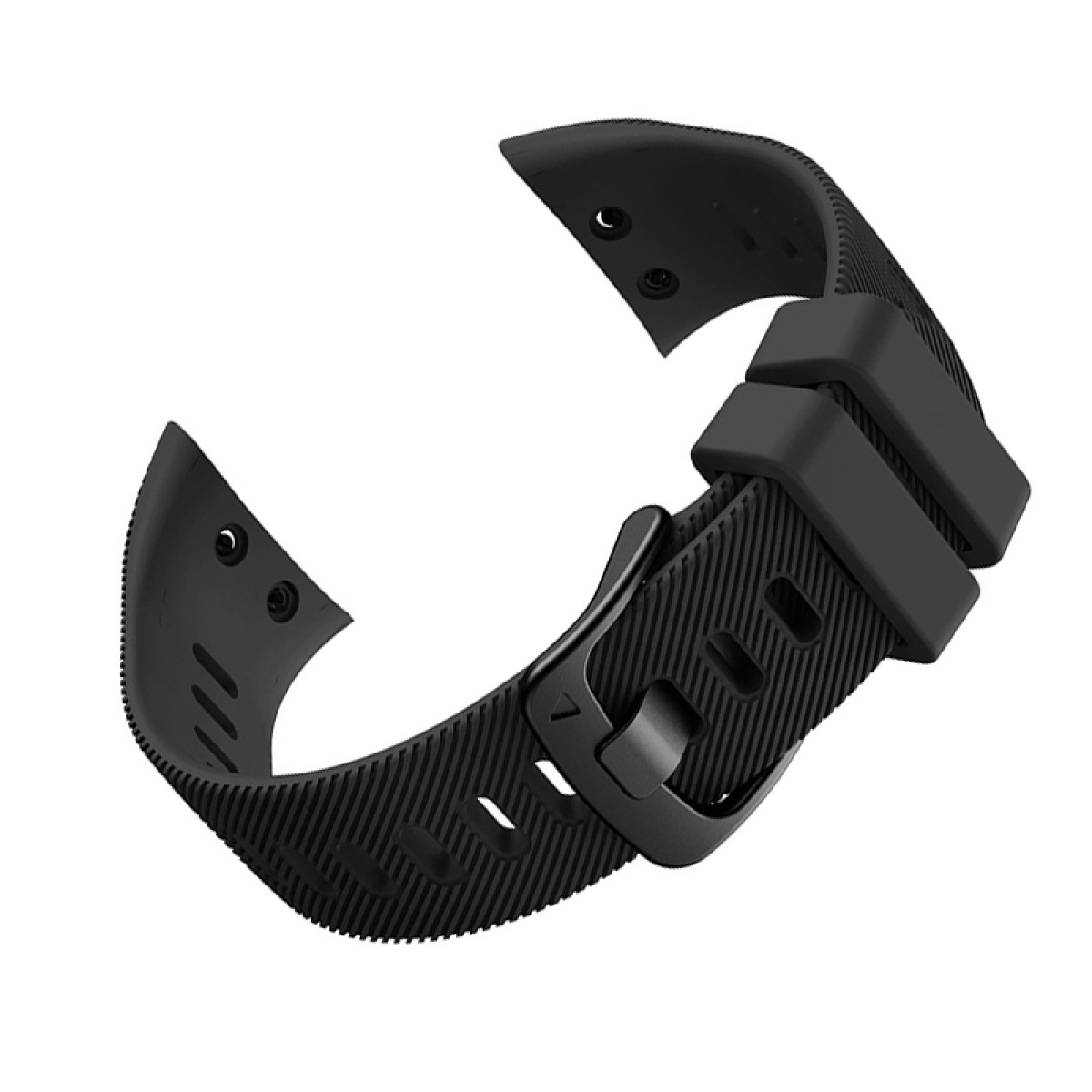 Czarny pasek do zegarka z czarną klamrą. Ma teksturowany wzór.