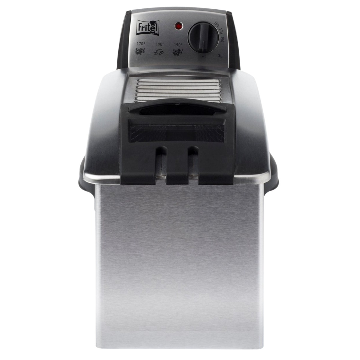Deep fryer, stainless steel and black. Temperature control dial. White background.