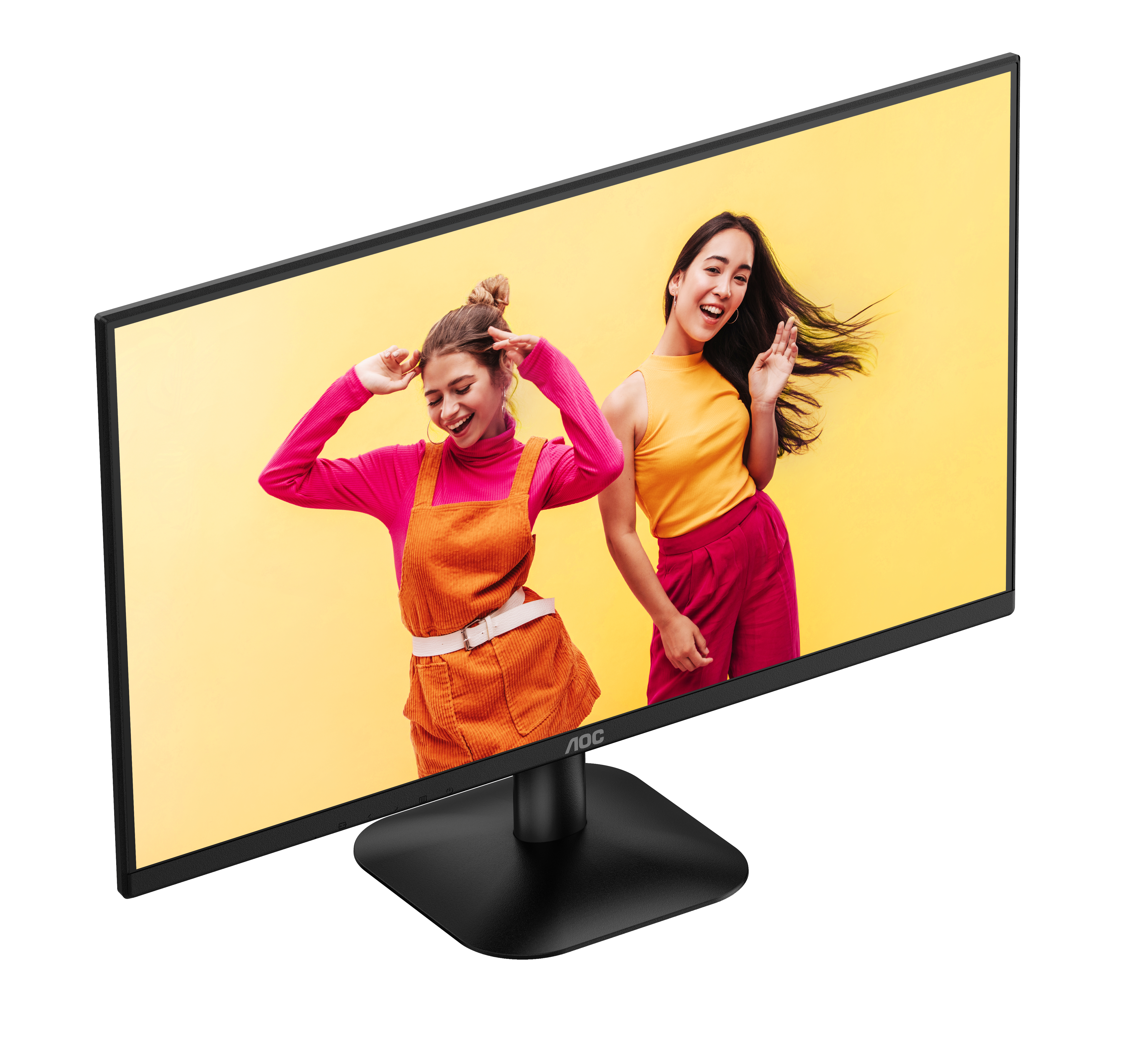 Een computermonitor met twee vrouwen op een gele achtergrond, met het AOC-logo.
