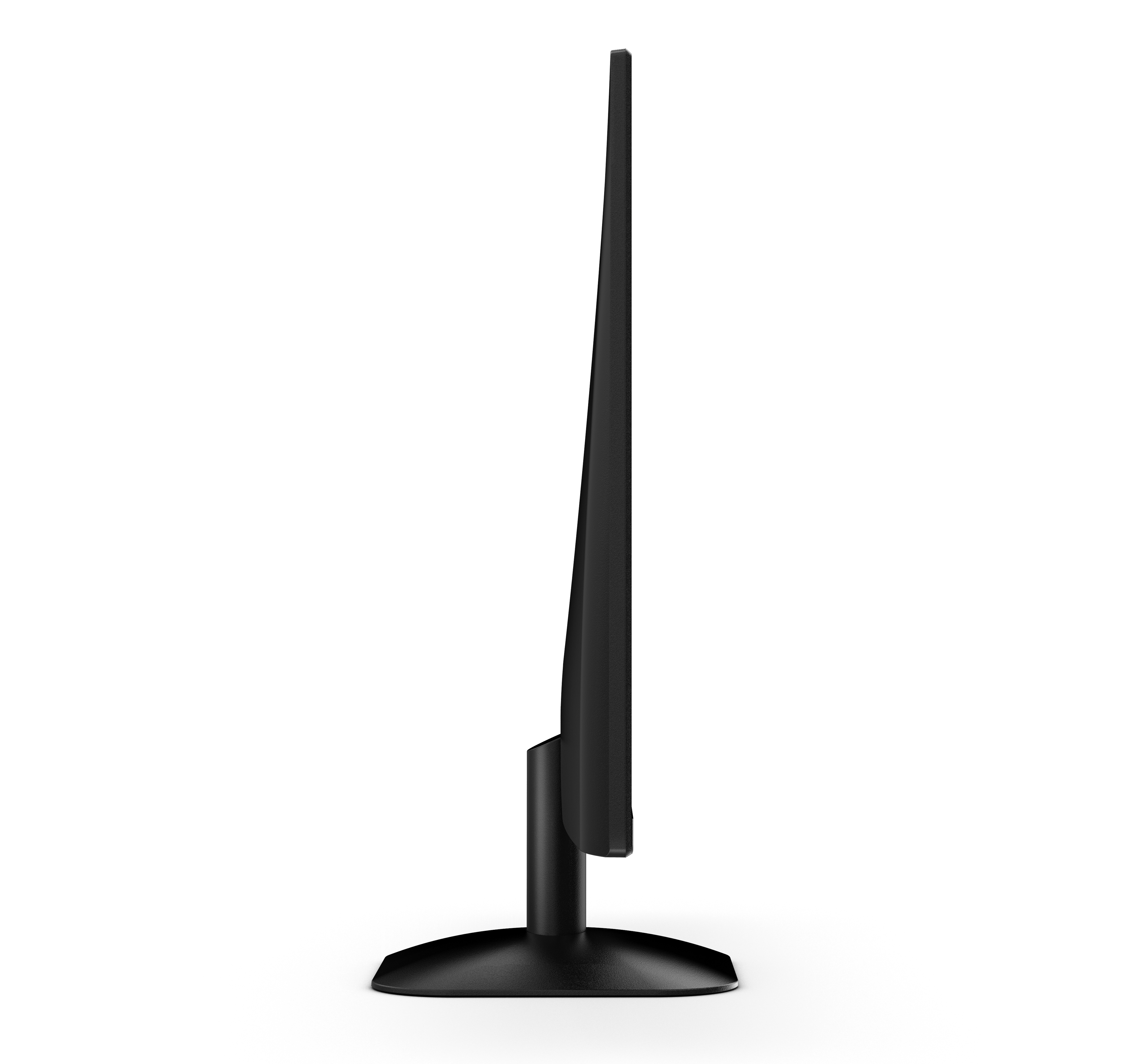 Ein schwarzer Computermonitor von der Seite gesehen, vor weißem Hintergrund.