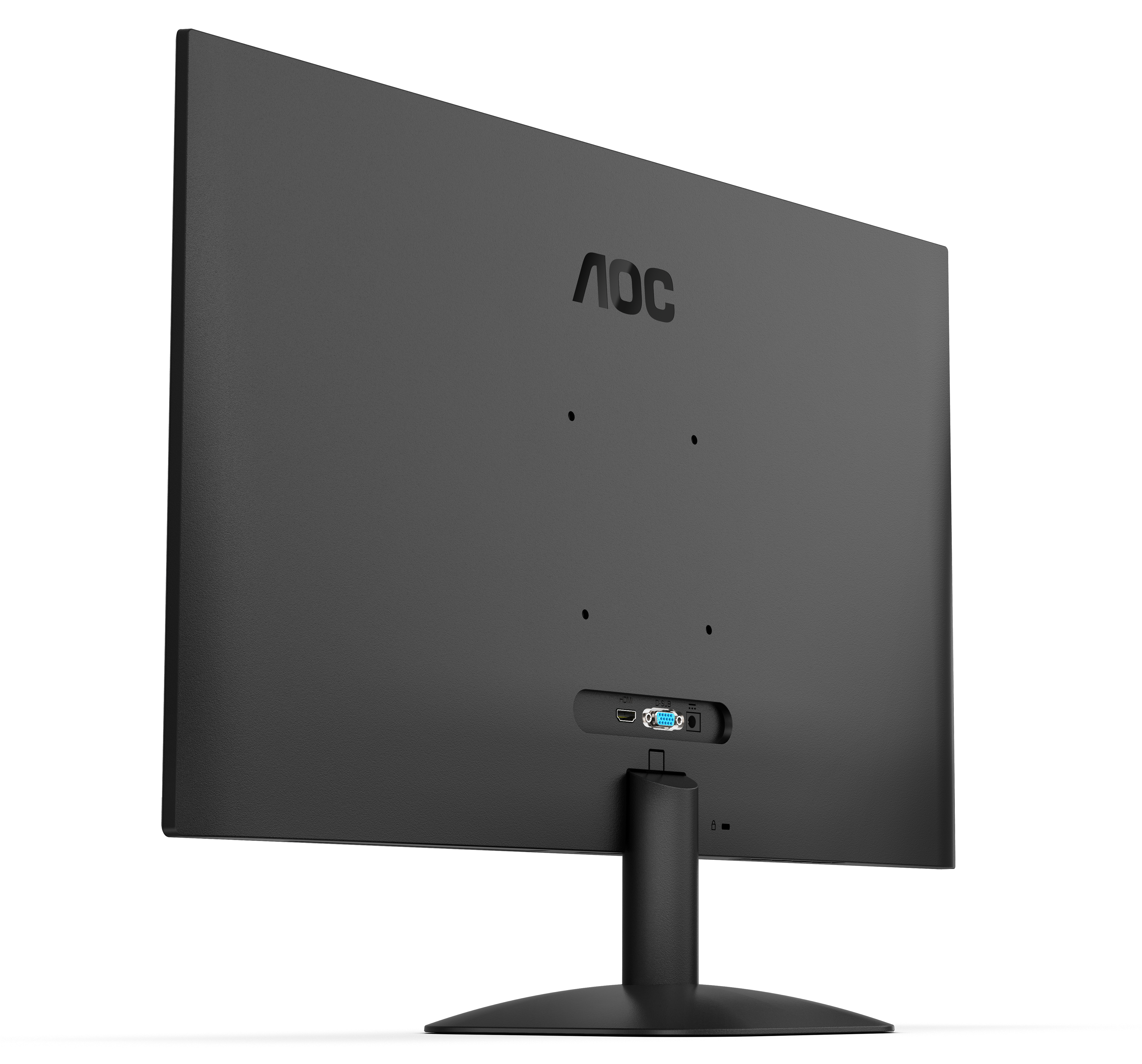 Een zwarte computermonitor, achteraanzicht, met een standaard en poorten aan de onderkant.